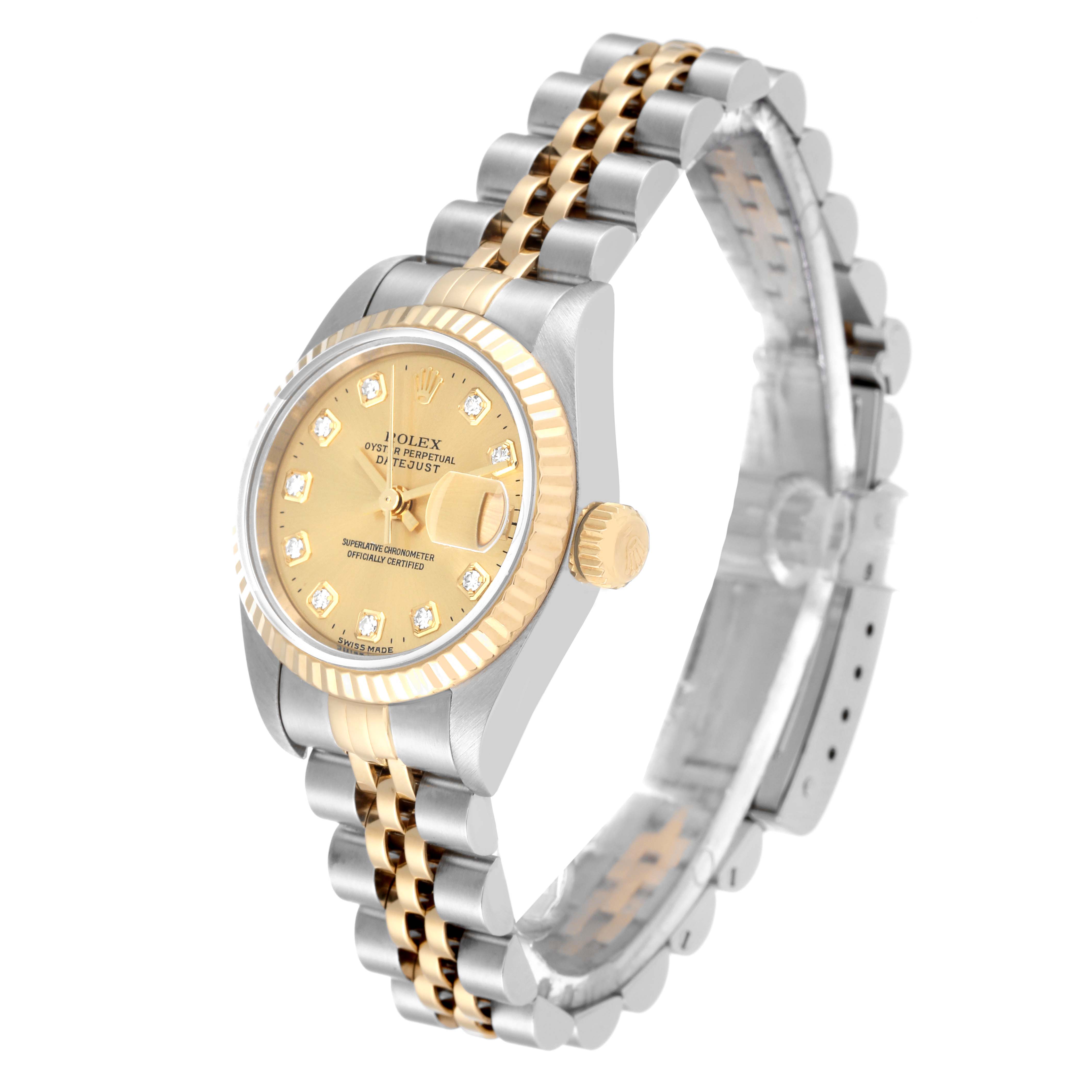 The Rolex Datejust 79173 Women's Steel and Gold (two tone) Champagne Dial 79173 Women's Steel and Gold (two tone) Champagne Dial watch is shown at a three-quarter angle, highlighting the gold dial, fluted bezel, and the two-tone Jubilee bracelet.