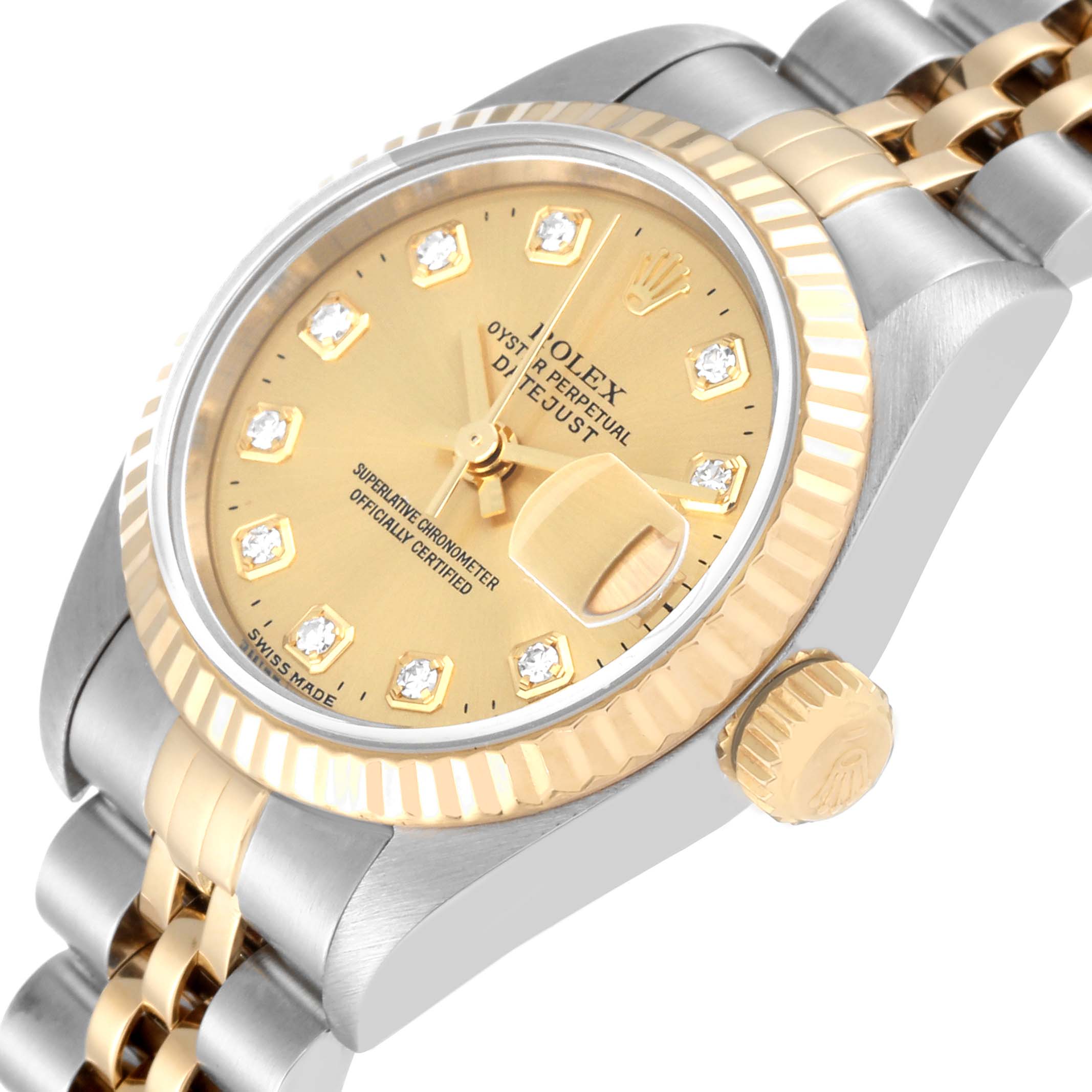 The image shows a close-up, angled view of the Rolex Datejust 79173 Women's Steel and Gold (two tone) Champagne Dial 79173 Women's Steel and Gold (two tone) Champagne Dial watch, highlighting the dial, crown, and part of the bracelet.