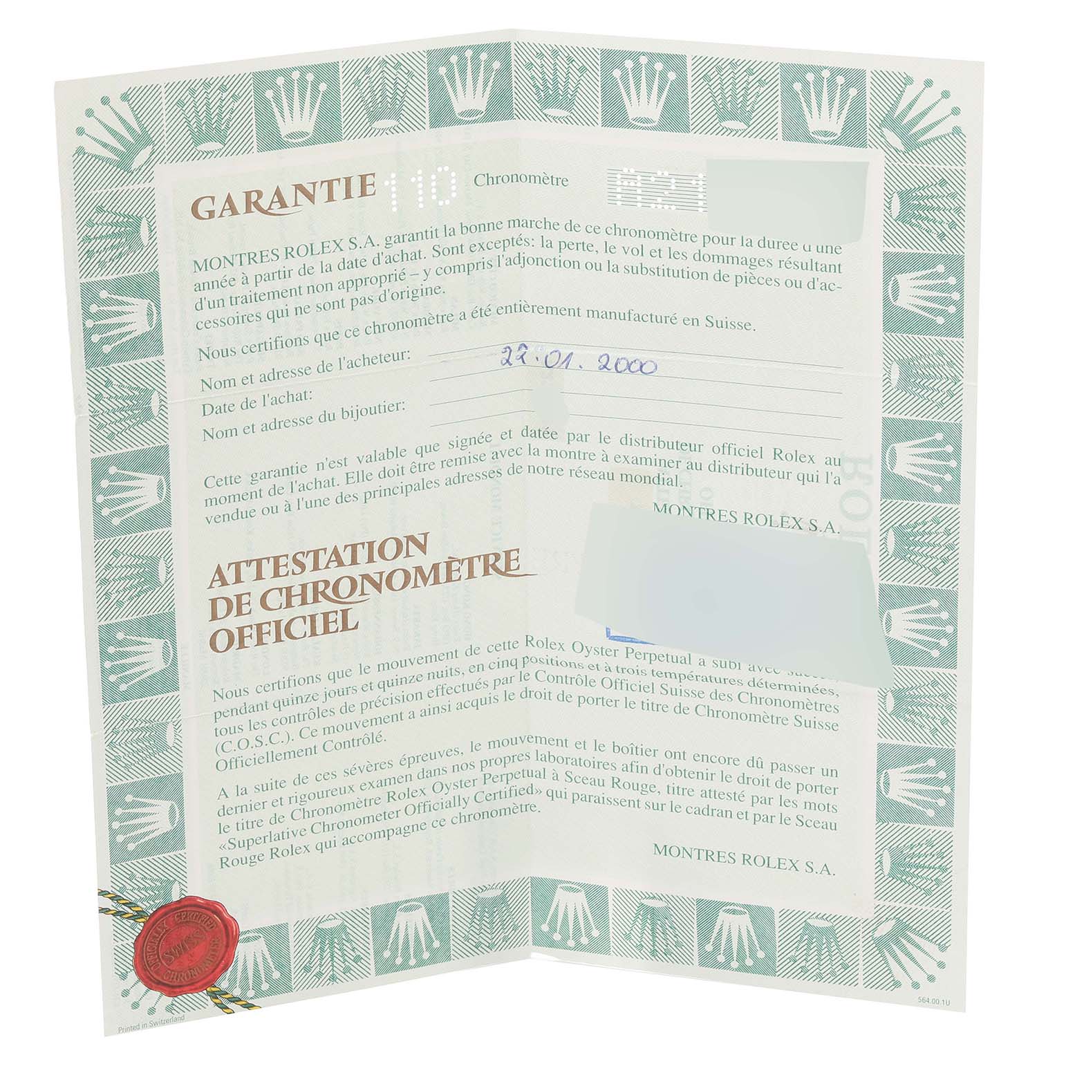 The image shows a warranty card and chronometer certificate for the Datejust model by Rolex.