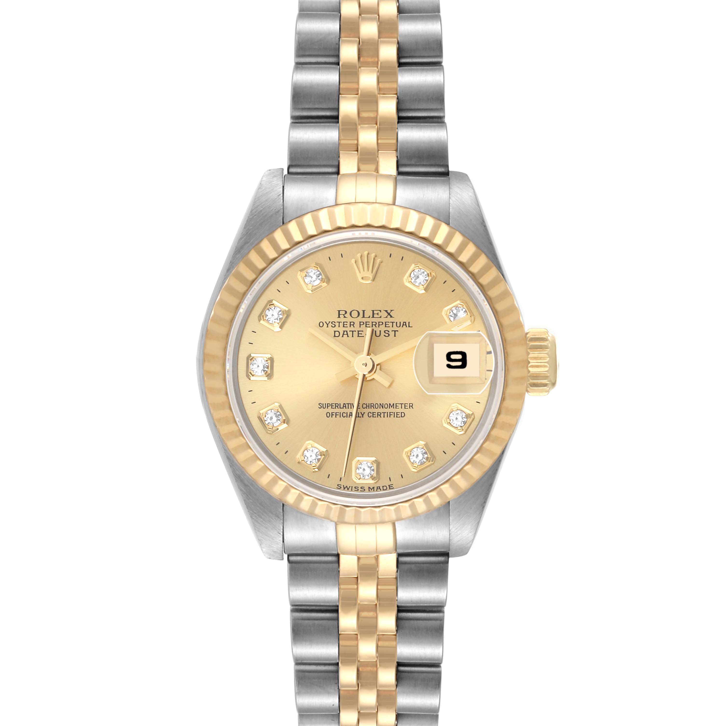 The image shows a front view of a Rolex Datejust 79173 Women's Steel and Gold (two tone) Champagne Dial 79173 Women's Steel and Gold (two tone) Champagne Dial watch featuring a gold and silver two-tone bracelet and a gold dial with diamond hour markers.