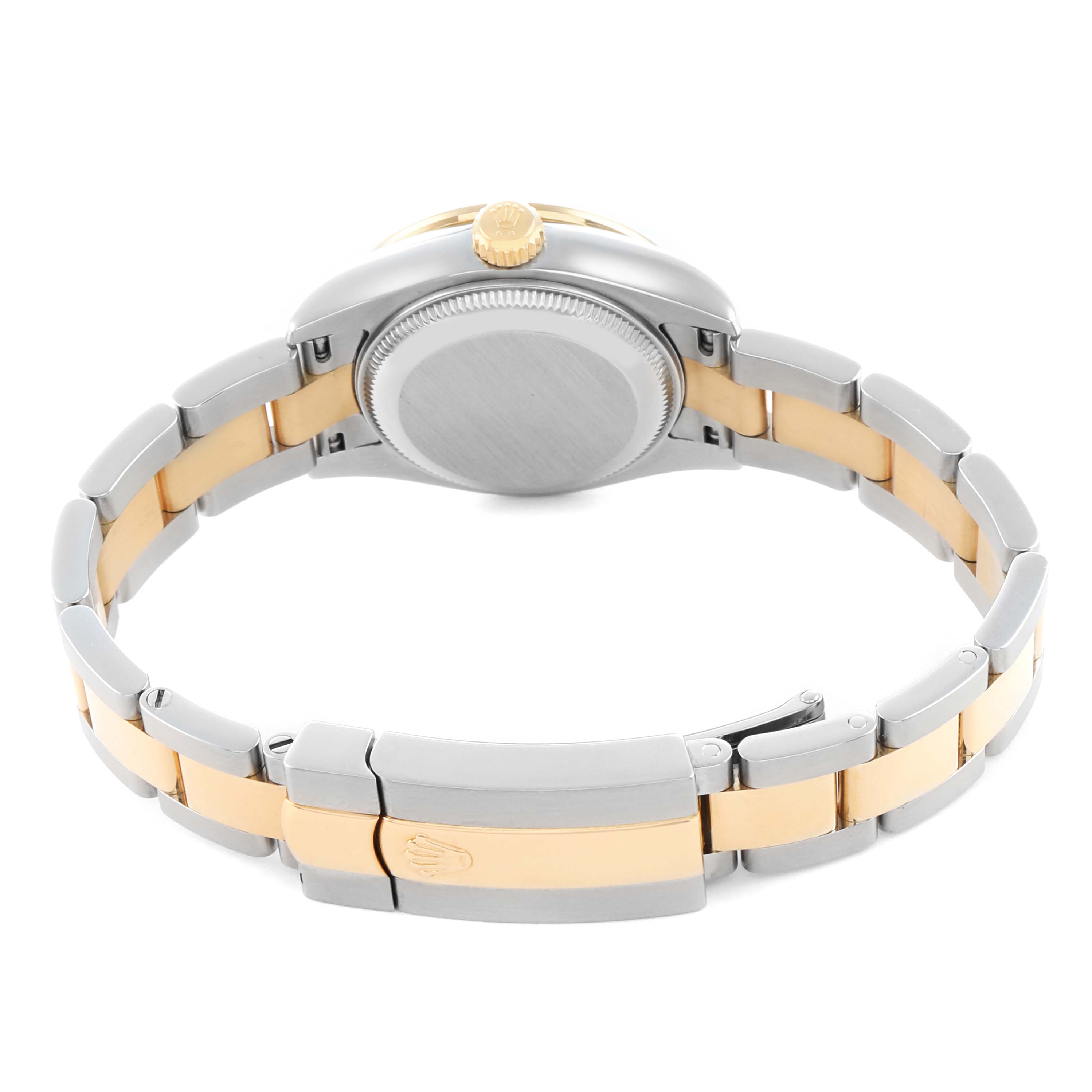 The image shows the back of a Rolex Datejust 179383 Women's Steel and Gold (two tone) Mother of Pearl Dial watch, highlighting the case back, gold crown, and dual-tone bracelet with clasp.