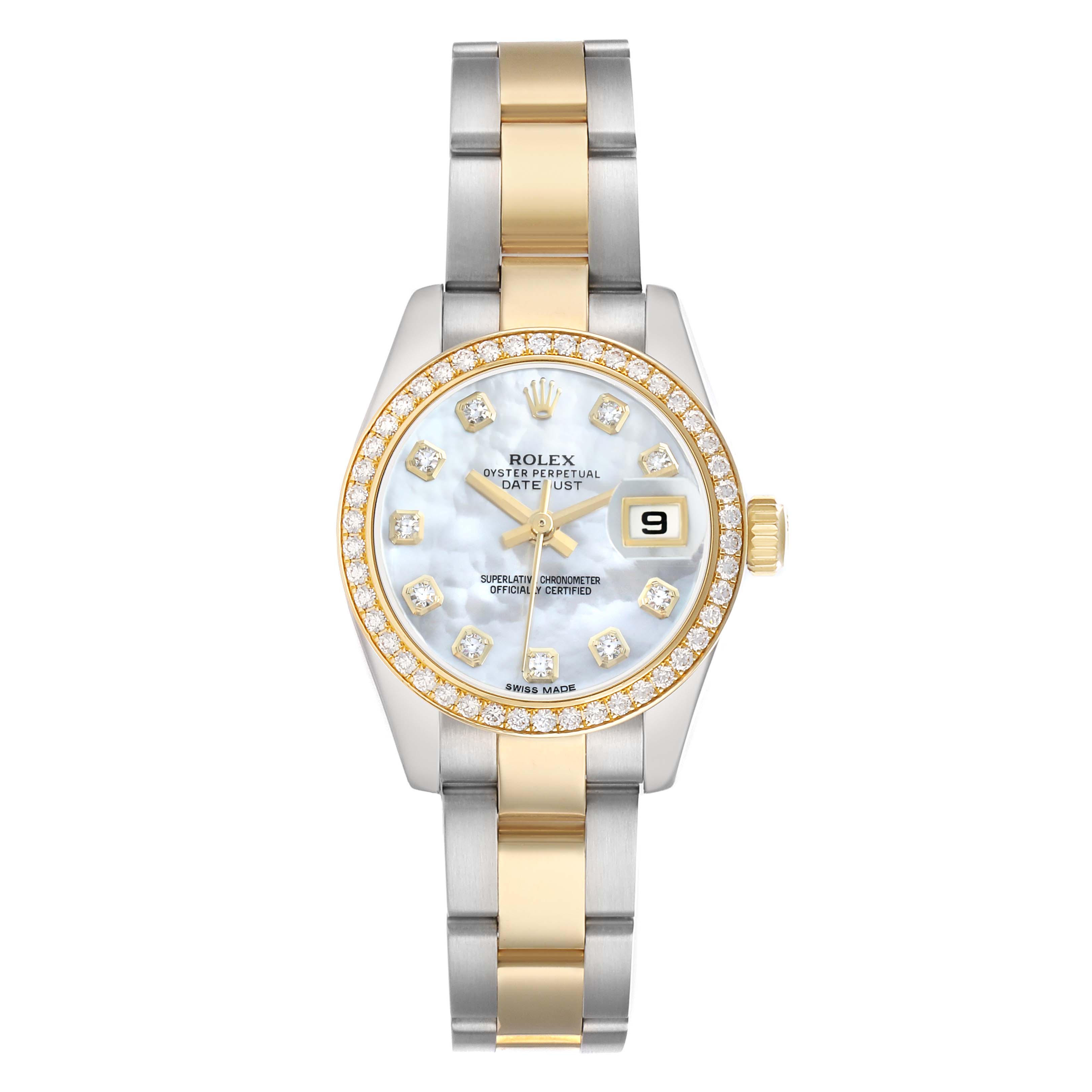 The Rolex Datejust 179383 Women's Steel and Gold (two tone) Mother of Pearl Dial watch is shown from a top-down angle, displaying the bracelet, case, dial, and diamond hour markers.