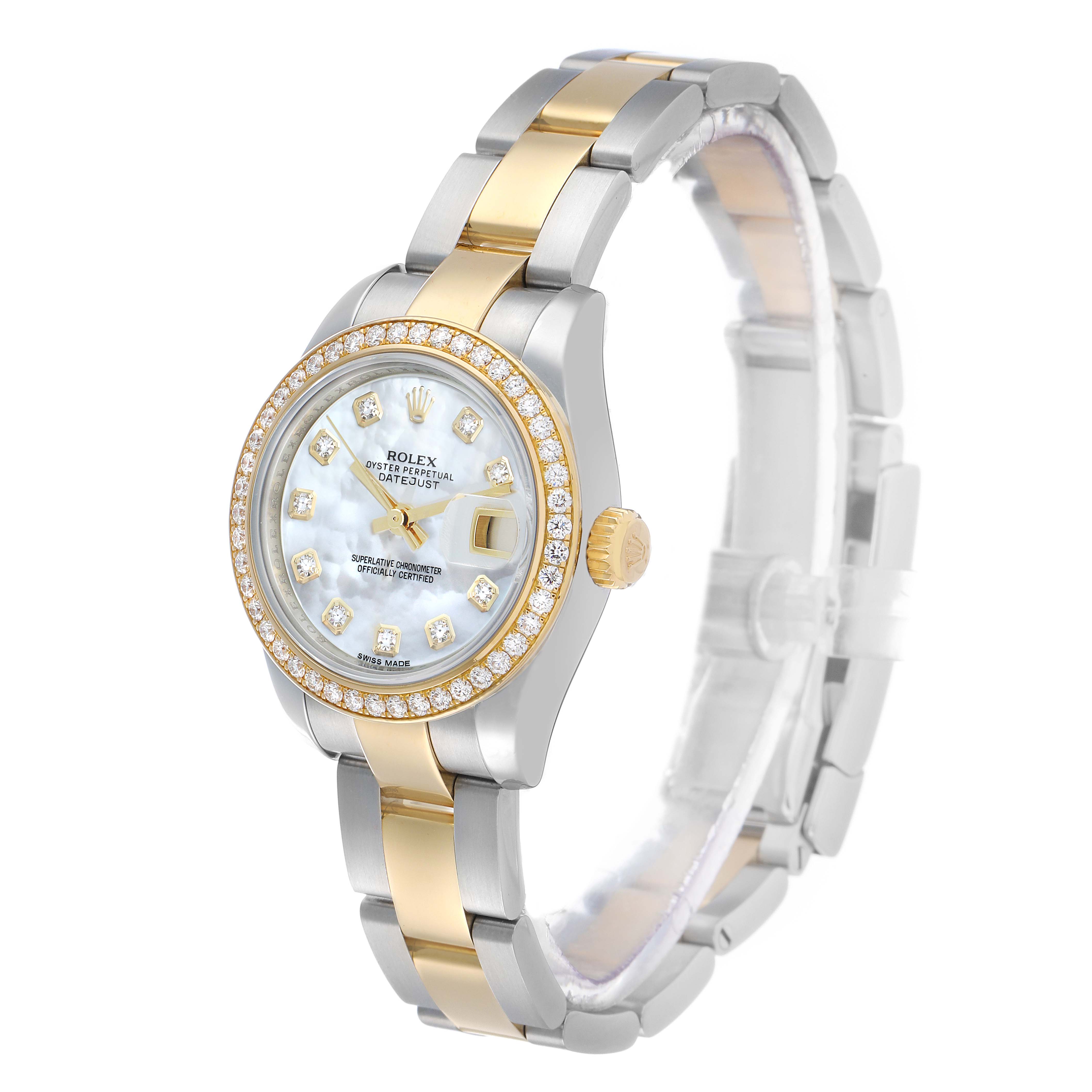 The Rolex Datejust 179383 Women's Steel and Gold (two tone) Mother of Pearl Dial watch is shown at a slight angle, highlighting the face, bezel, crown, and bracelet.