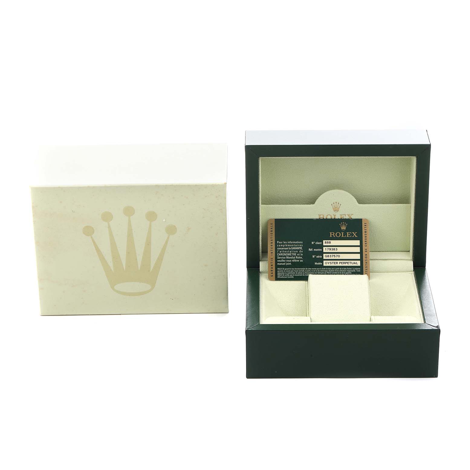 The image shows a Rolex Datejust 179383 Women's Steel and Gold (two tone) Mother of Pearl Dial box with an open lid, revealing a watch case and a card inside.