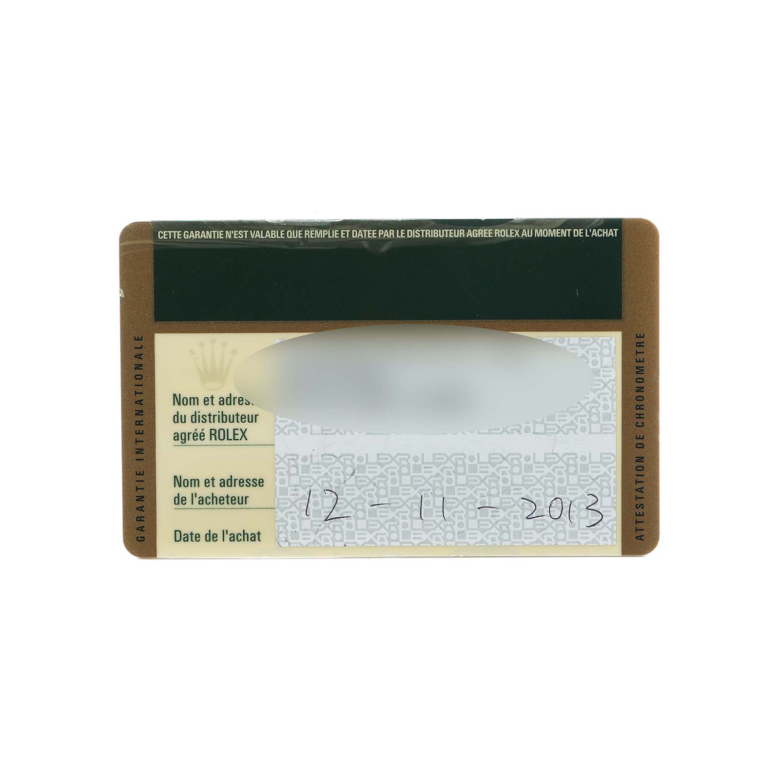 This image shows a warranty card for a Rolex Datejust 179383 Women's Steel and Gold (two tone) Mother of Pearl Dial, displaying purchase information and Rolex branding.