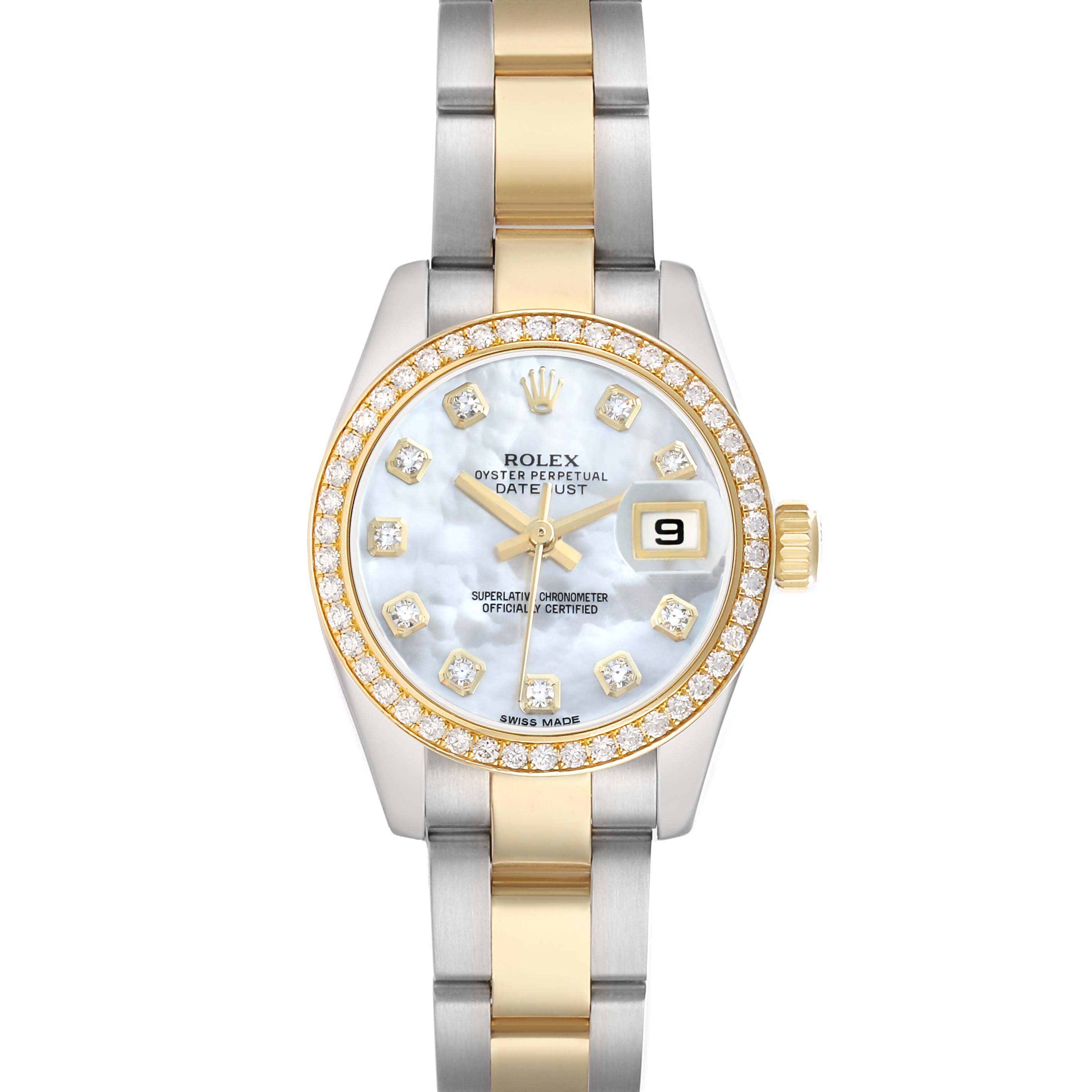 The Rolex Datejust 179383 Women's Steel and Gold (two tone) Mother of Pearl Dial watch is shown from a top-down angle, highlighting the dial, bezel, and bracelet.