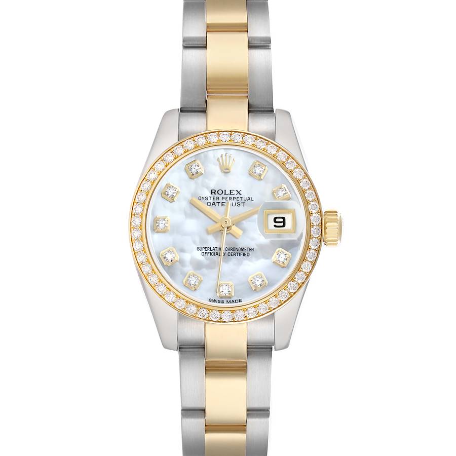 The Rolex Datejust 179383 Women's Steel and Gold (two tone) Mother of Pearl Dial watch is shown from a top-down angle, highlighting the dial, bezel, and bracelet.
