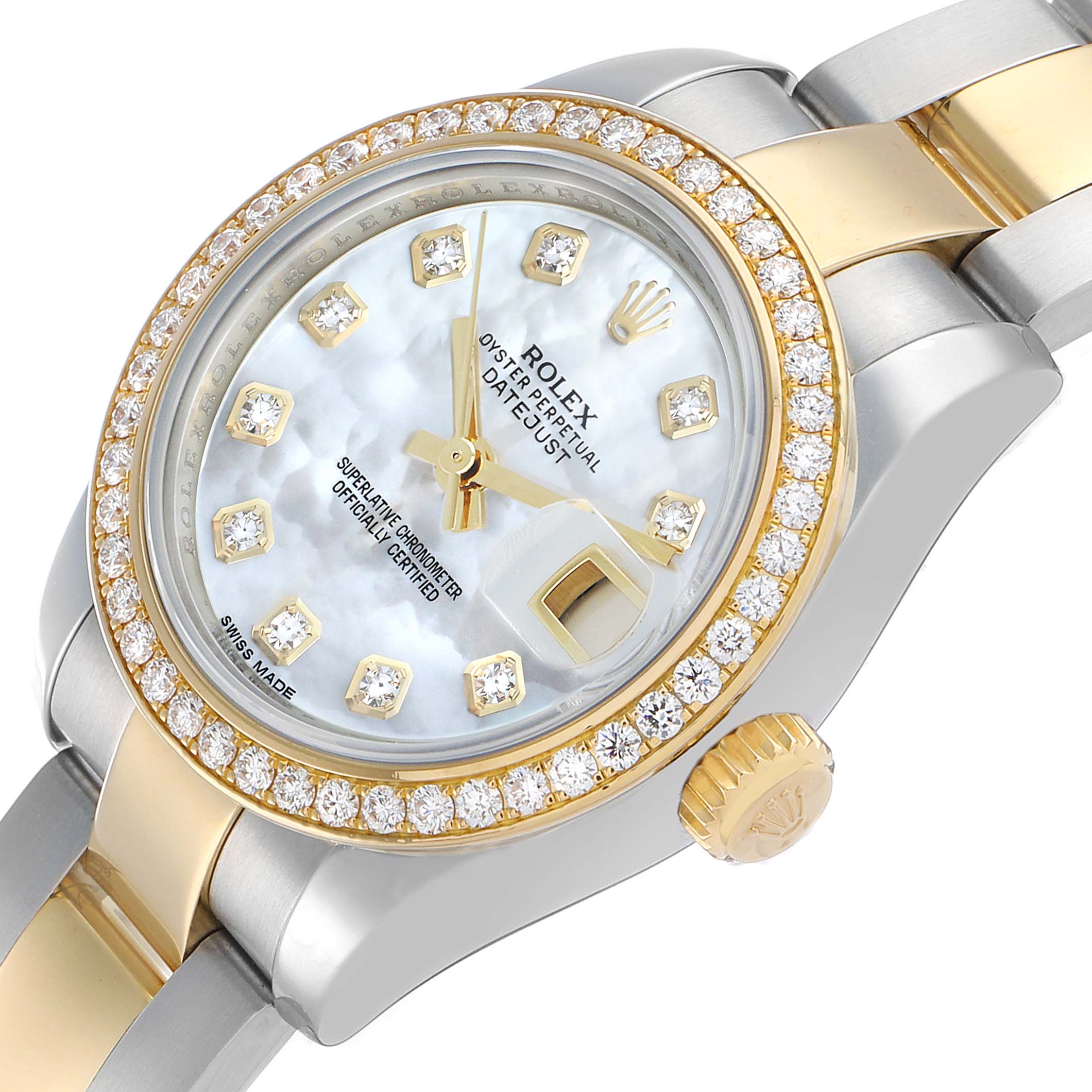 The Rolex Datejust 179383 Women's Steel and Gold (two tone) Mother of Pearl Dial watch is shown at an angled view, highlighting the face, bezel, crown, and part of the bracelet.