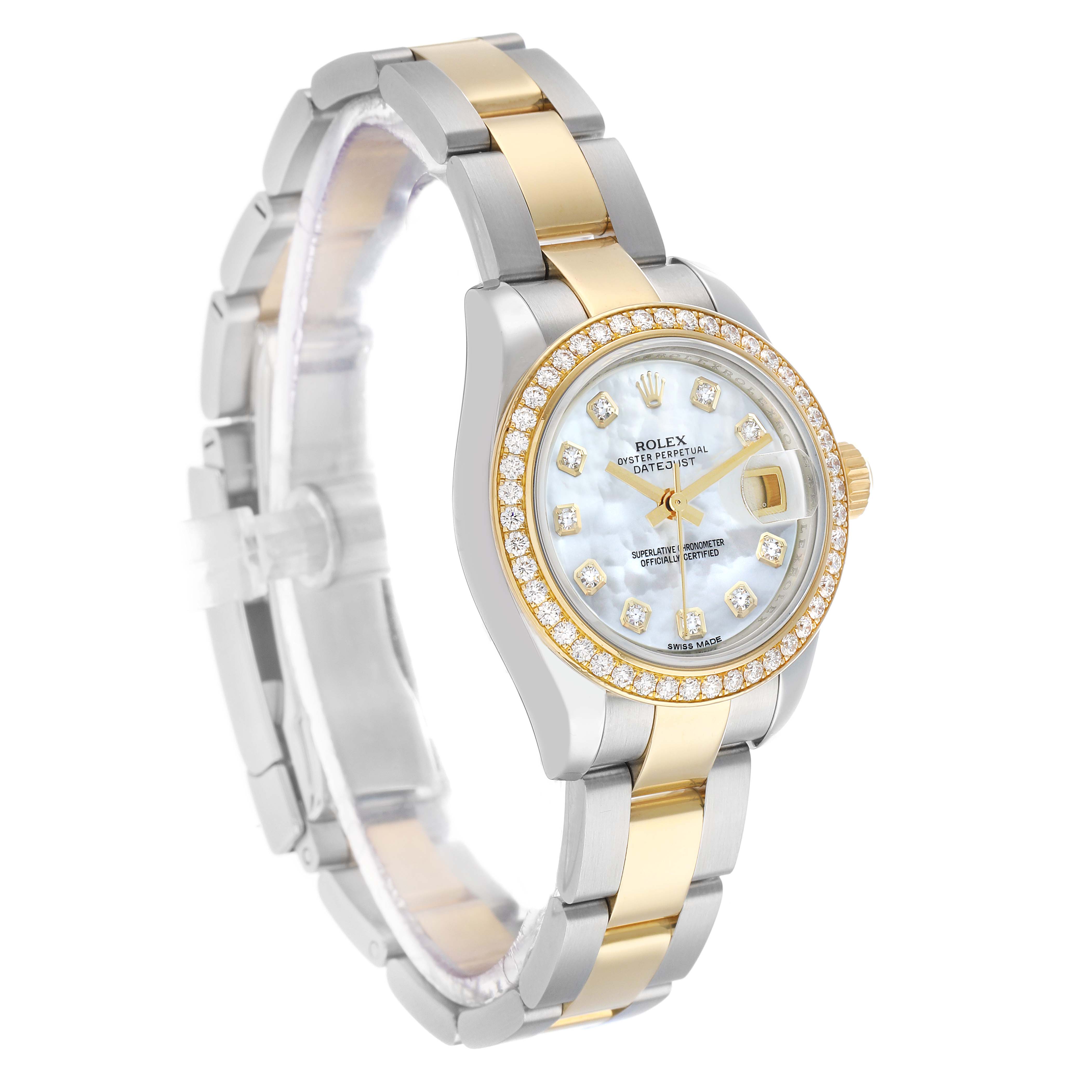 The Rolex Datejust 179383 Women's Steel and Gold (two tone) Mother of Pearl Dial watch is shown at a slight angle, highlighting the face, bezel, and bracelet.