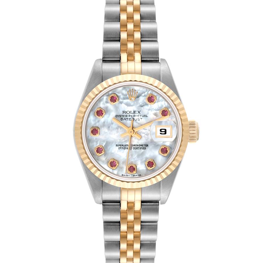 Rolex Datejust Steel Yellow Gold Mother of Pearl Ruby Dial Ladies Watch 69173 Box Papers SwissWatchExpo