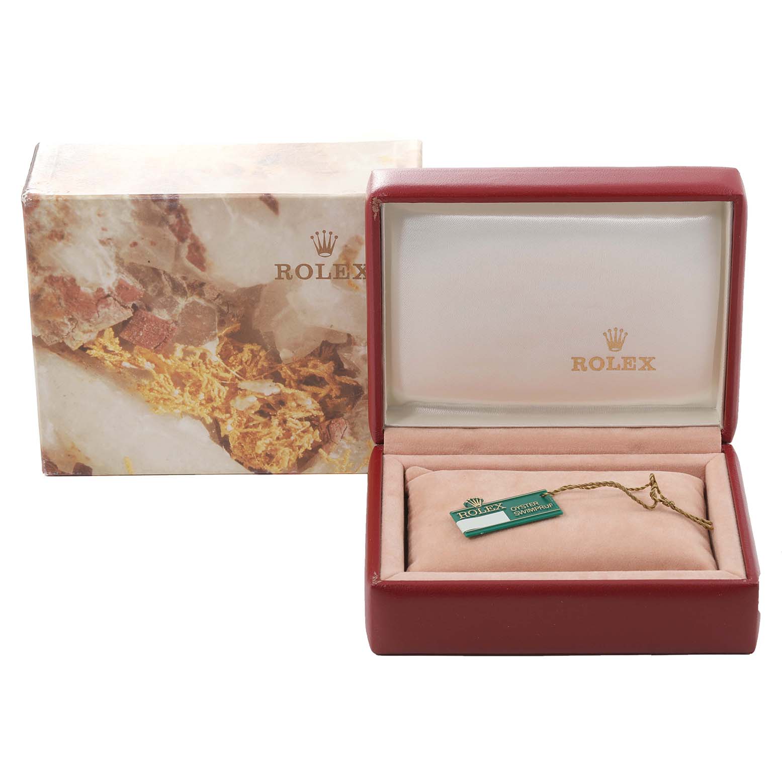 The image shows a Rolex Datejust 69173 Women's Steel and Gold (two tone) Silver Dial 69173 Women's Steel and Gold (two tone) Silver Dial watch box with the outer box, inner cushioned box, and a green Rolex certification tag.