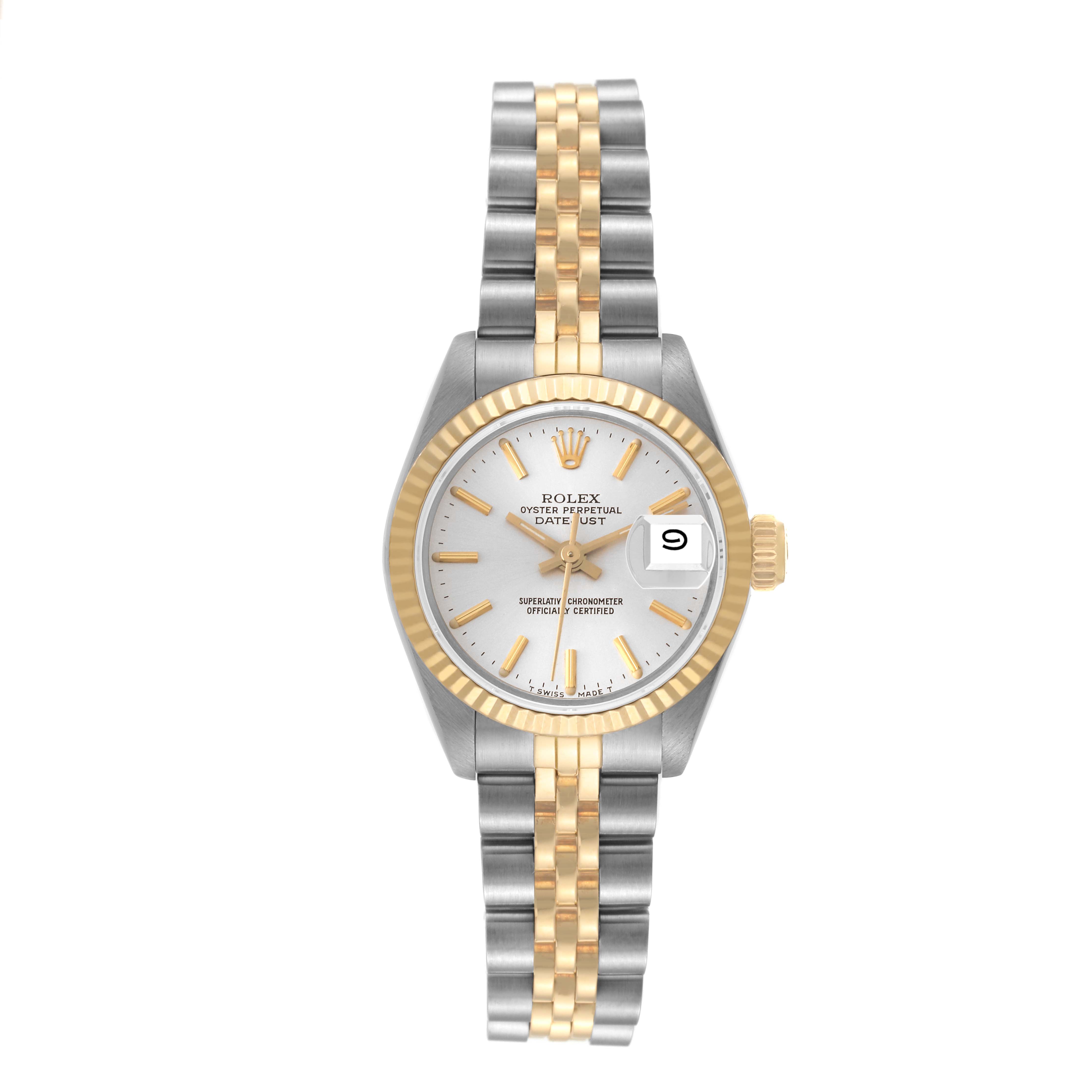 The image shows a Rolex Datejust 69173 Women's Steel and Gold (two tone) Silver Dial 69173 Women's Steel and Gold (two tone) Silver Dial watch from the front, highlighting the dial, bezel, crown, and two-tone bracelet.