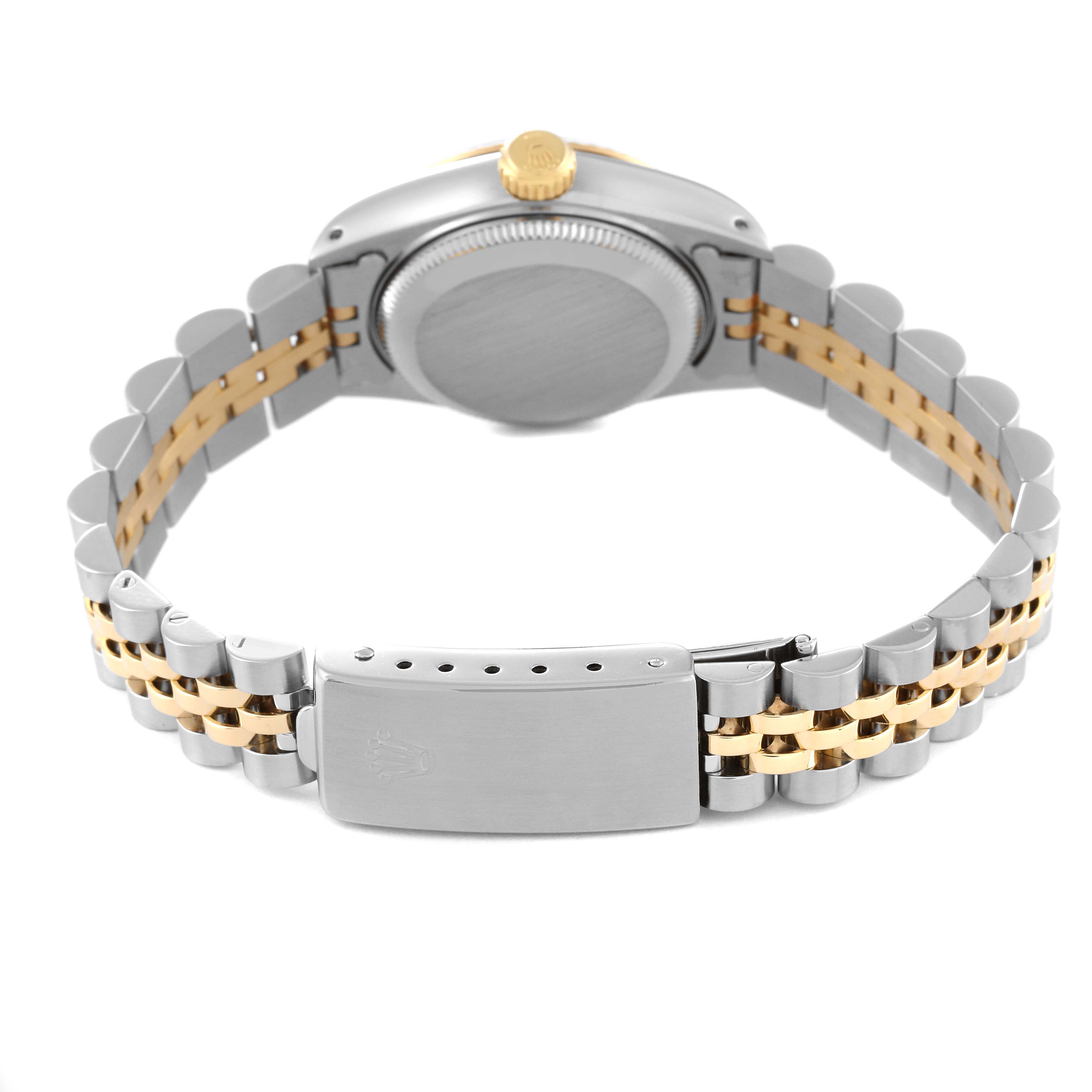 This image shows the back view of the Rolex Datejust 69173 Women's Steel and Gold (two tone) Silver Dial 69173 Women's Steel and Gold (two tone) Silver Dial watch, highlighting its clasp, band, and caseback.