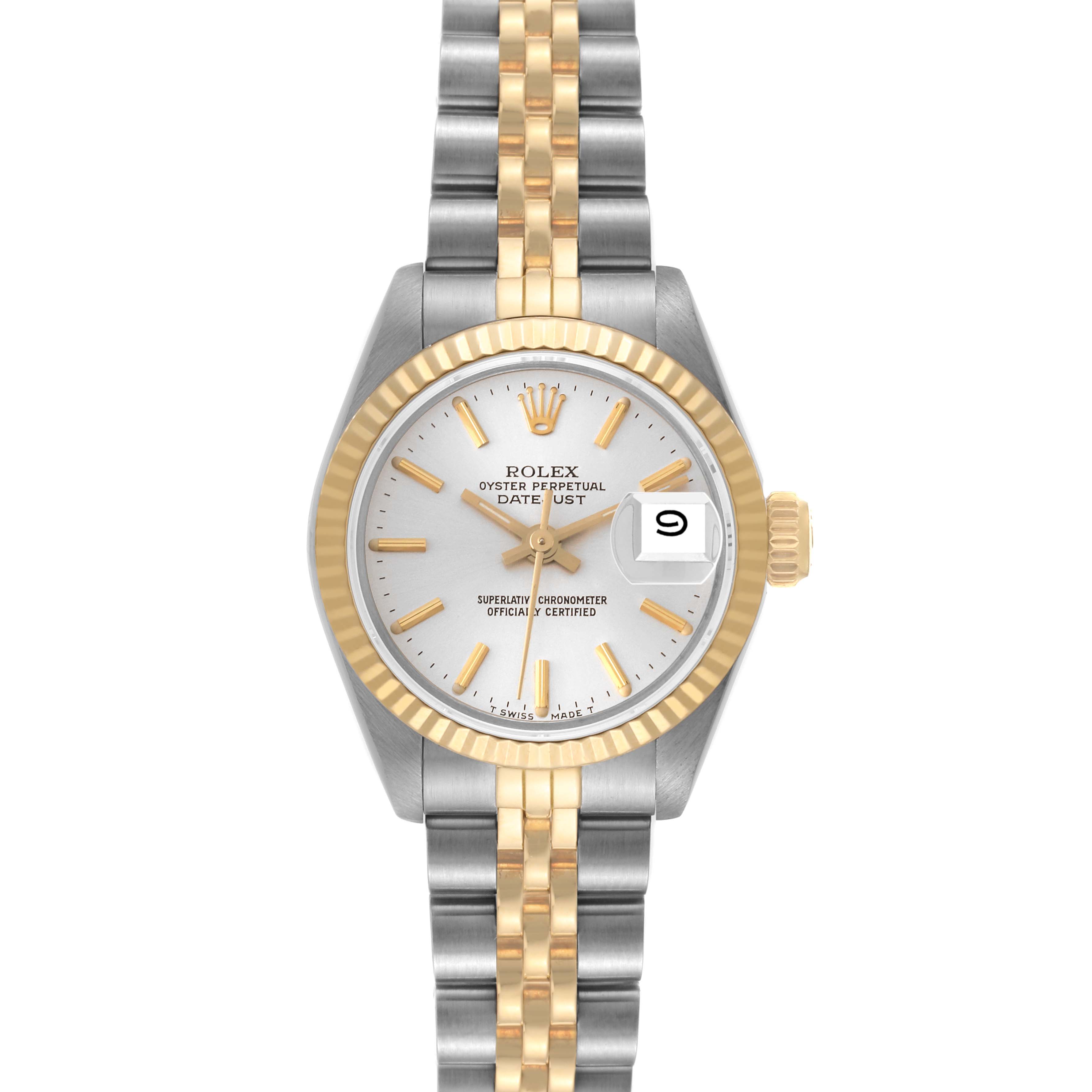 This image shows a front view of the Rolex Datejust 69173 Women's Steel and Gold (two tone) Silver Dial 69173 Women's Steel and Gold (two tone) Silver Dial watch, displaying the dial, bezel, and bracelet.