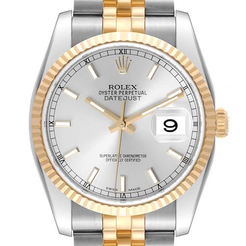 The image shows a front view of a Rolex Datejust watch, highlighting the dial, date window, and two-tone bracelet.