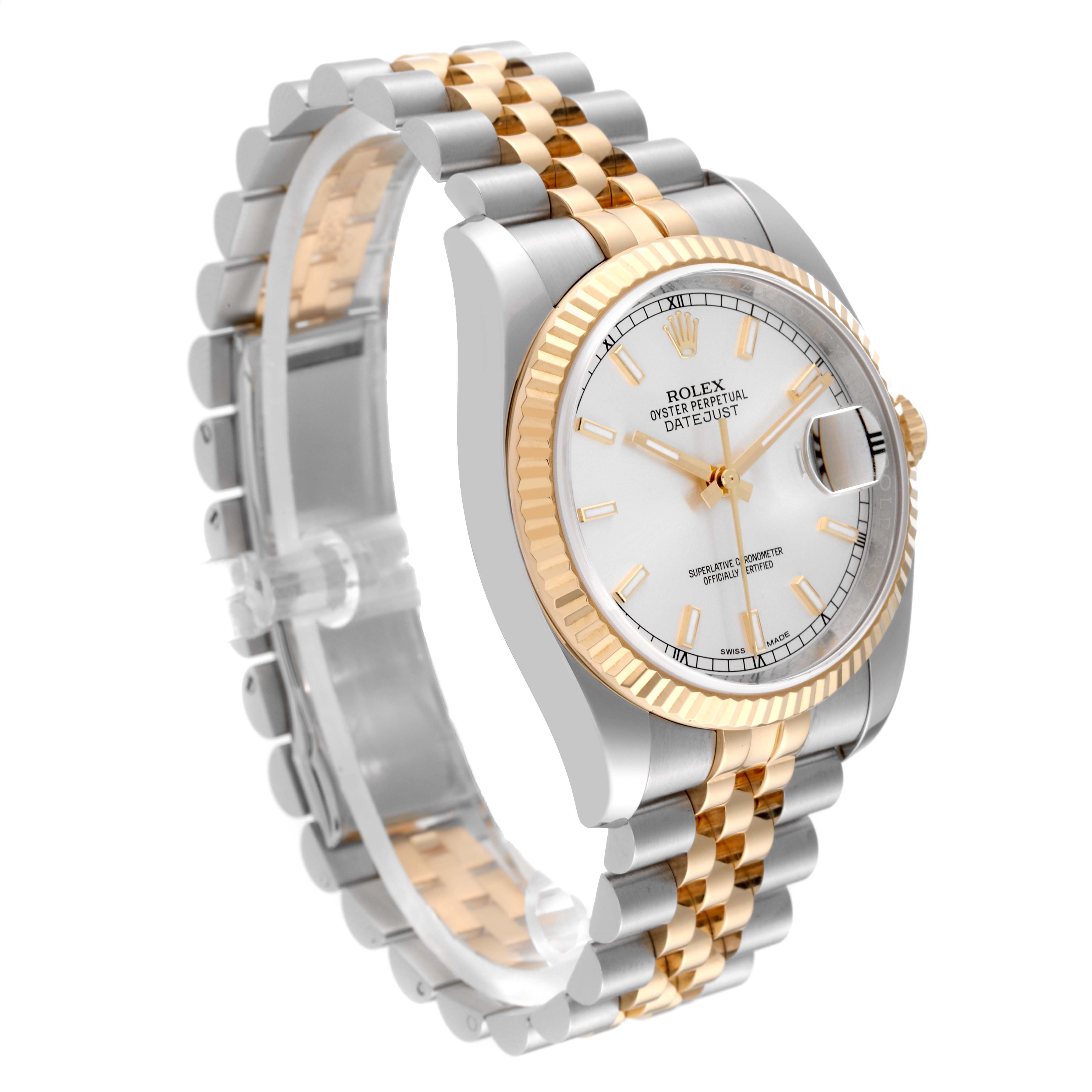 The image shows a Rolex Datejust 116233 Men
s Steel and Gold (two tone) Silver Dial 116233 Men
s Steel and Gold (two tone) Silver Dial watch at a three-quarter angle, highlighting the dial, bezel, and two-tone bracelet.
