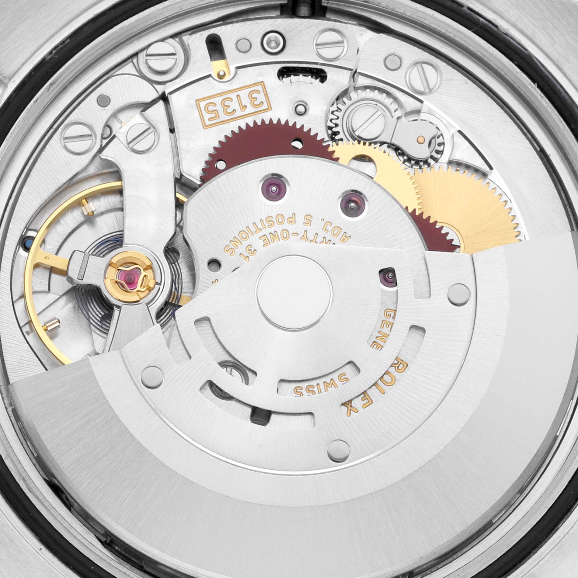The image shows a close-up of the movement mechanism inside a Rolex Datejust 116233 Men
s Steel and Gold (two tone) Silver Dial 116233 Men
s Steel and Gold (two tone) Silver Dial watch, including gears and the rotor.