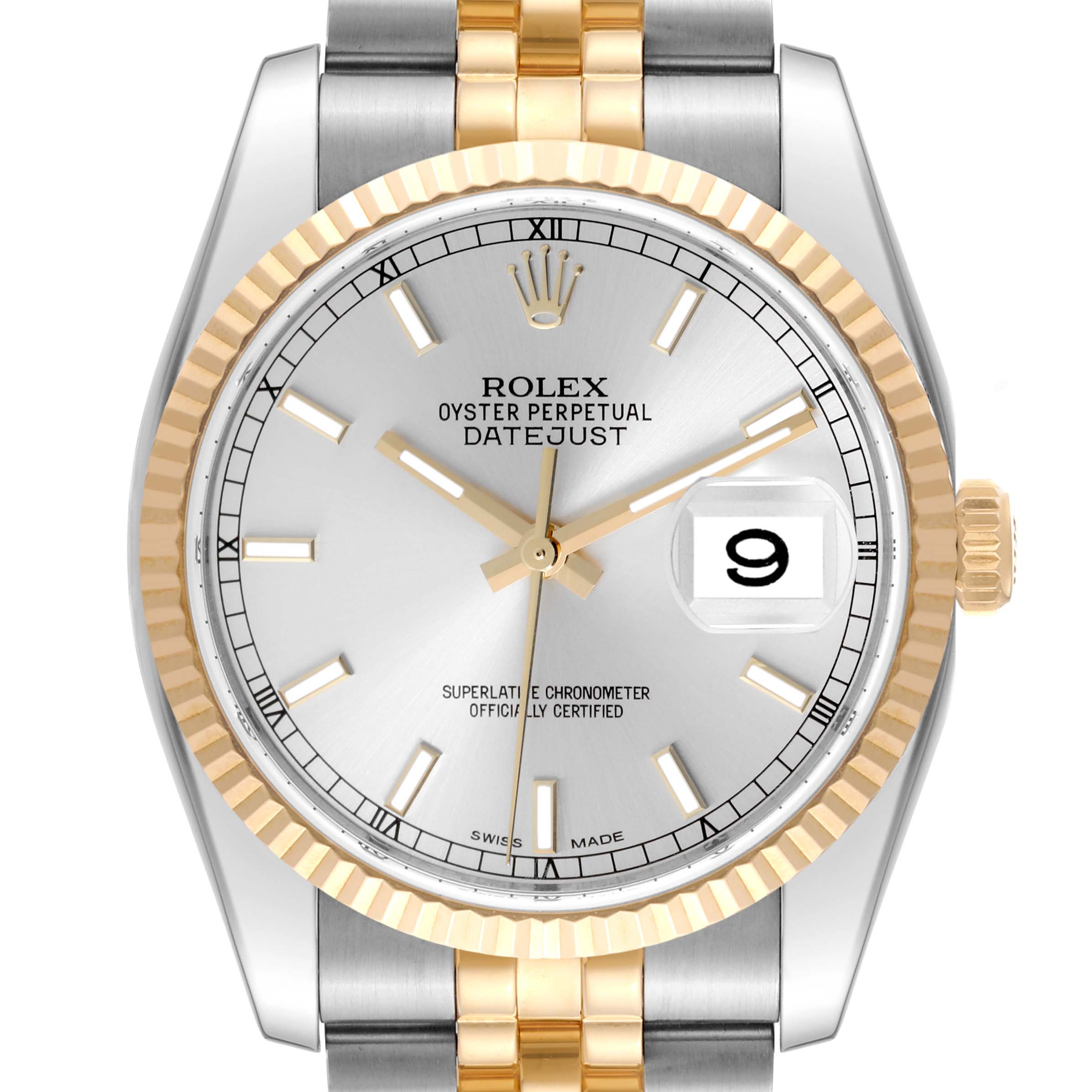 The image shows a close-up front view of a Rolex Datejust 116233 Men
s Steel and Gold (two tone) Silver Dial 116233 Men
s Steel and Gold (two tone) Silver Dial watch, highlighting the dial, bezel, and part of the bracelet.