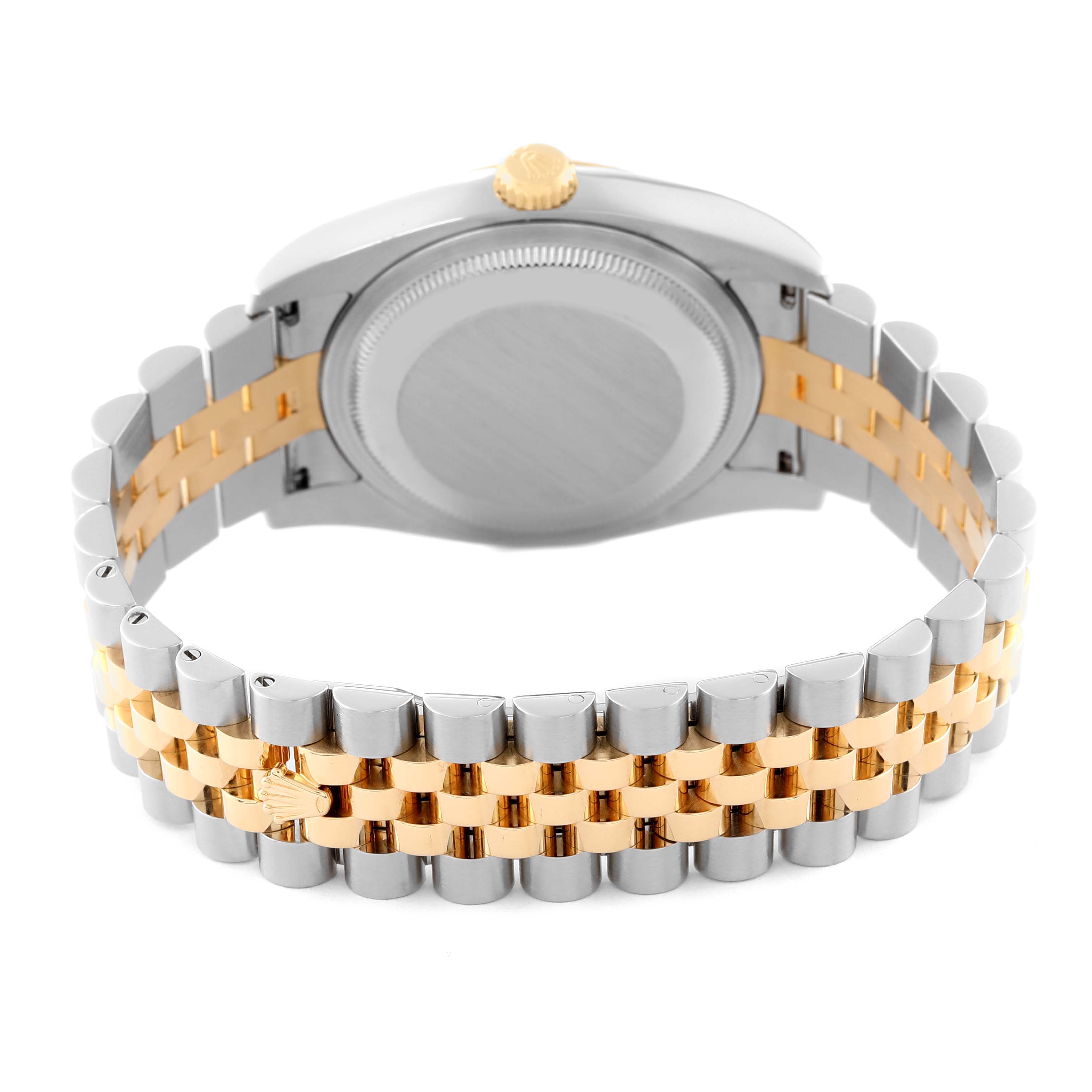 The image shows the back view of a Rolex Datejust 116233 Men
s Steel and Gold (two tone) Silver Dial 116233 Men
s Steel and Gold (two tone) Silver Dial watch, highlighting its case back and two-tone bracelet.