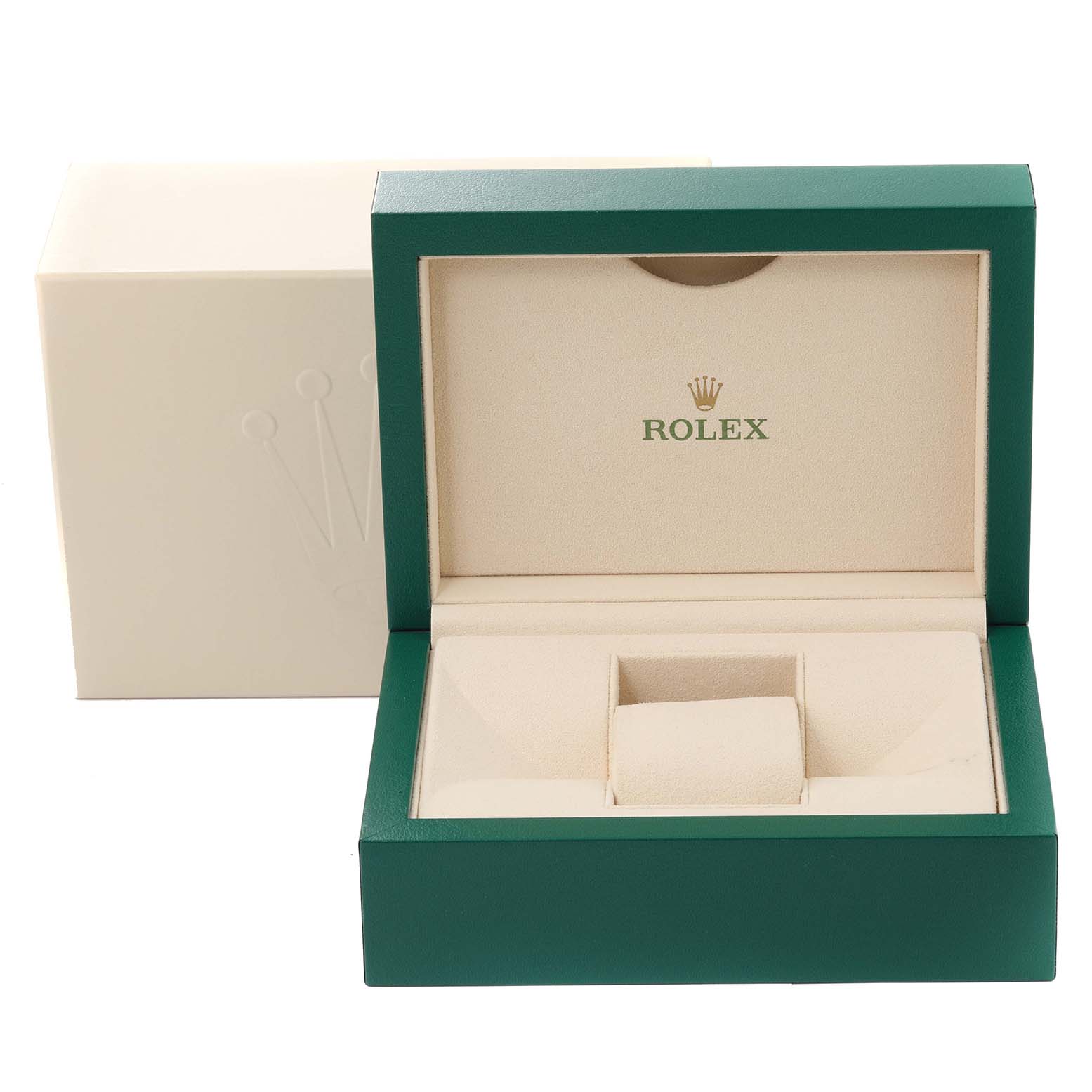 This image shows an open and empty Rolex Datejust 116233 Men
s Steel and Gold (two tone) Silver Dial 116233 Men
s Steel and Gold (two tone) Silver Dial watch box, highlighting the interior and cushion for the watch.