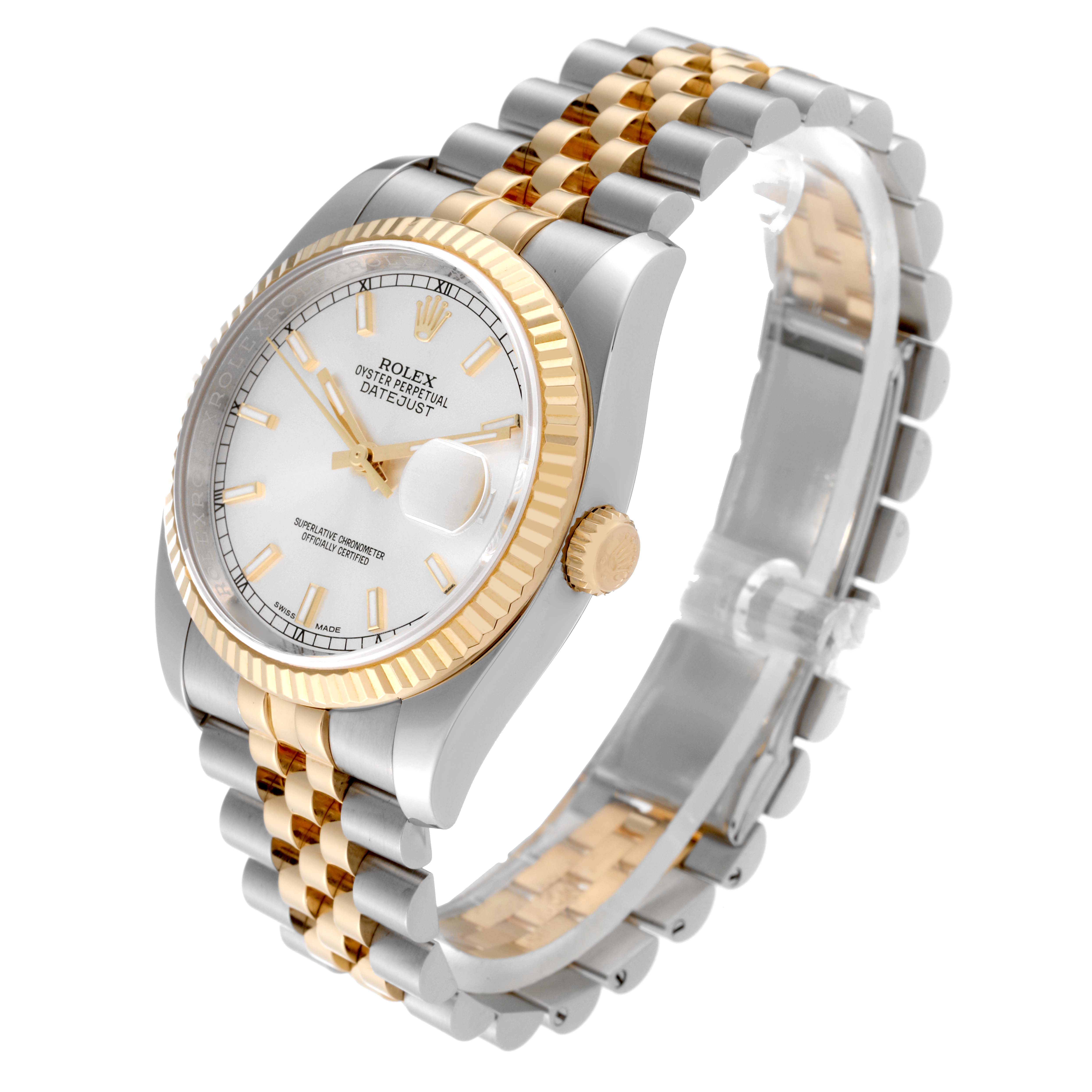 This Rolex Datejust 116233 Men
s Steel and Gold (two tone) Silver Dial 116233 Men
s Steel and Gold (two tone) Silver Dial watch is shown at an angled front view, highlighting the dial, bezel, and two-tone bracelet.