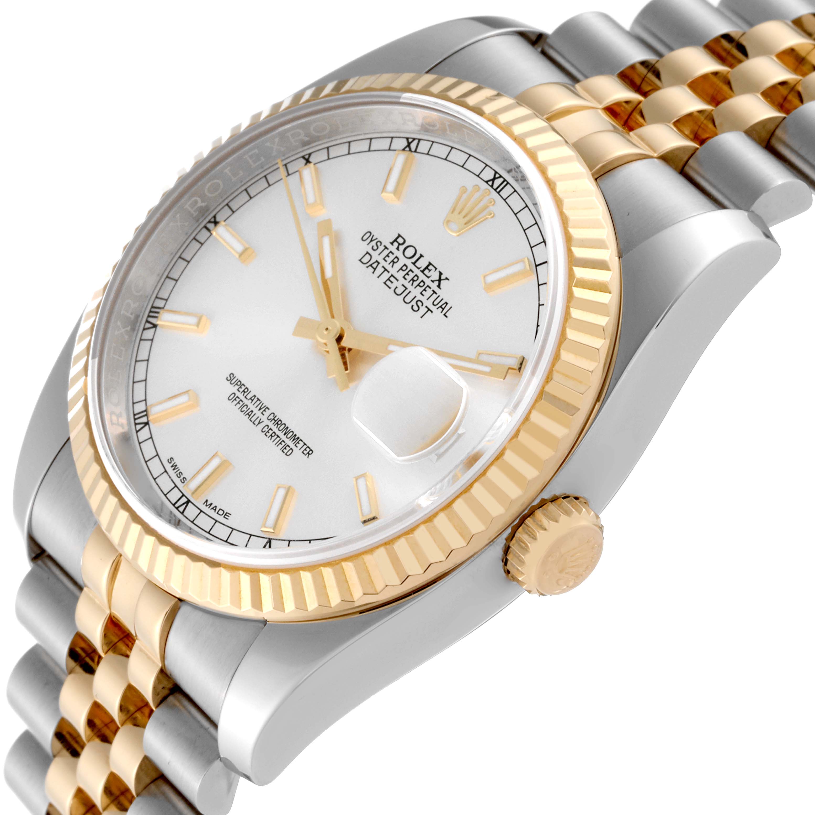 The Rolex Datejust 116233 Men
s Steel and Gold (two tone) Silver Dial 116233 Men
s Steel and Gold (two tone) Silver Dial watch is shown from an angled close-up, highlighting the dial, crown, and two-tone bracelet.