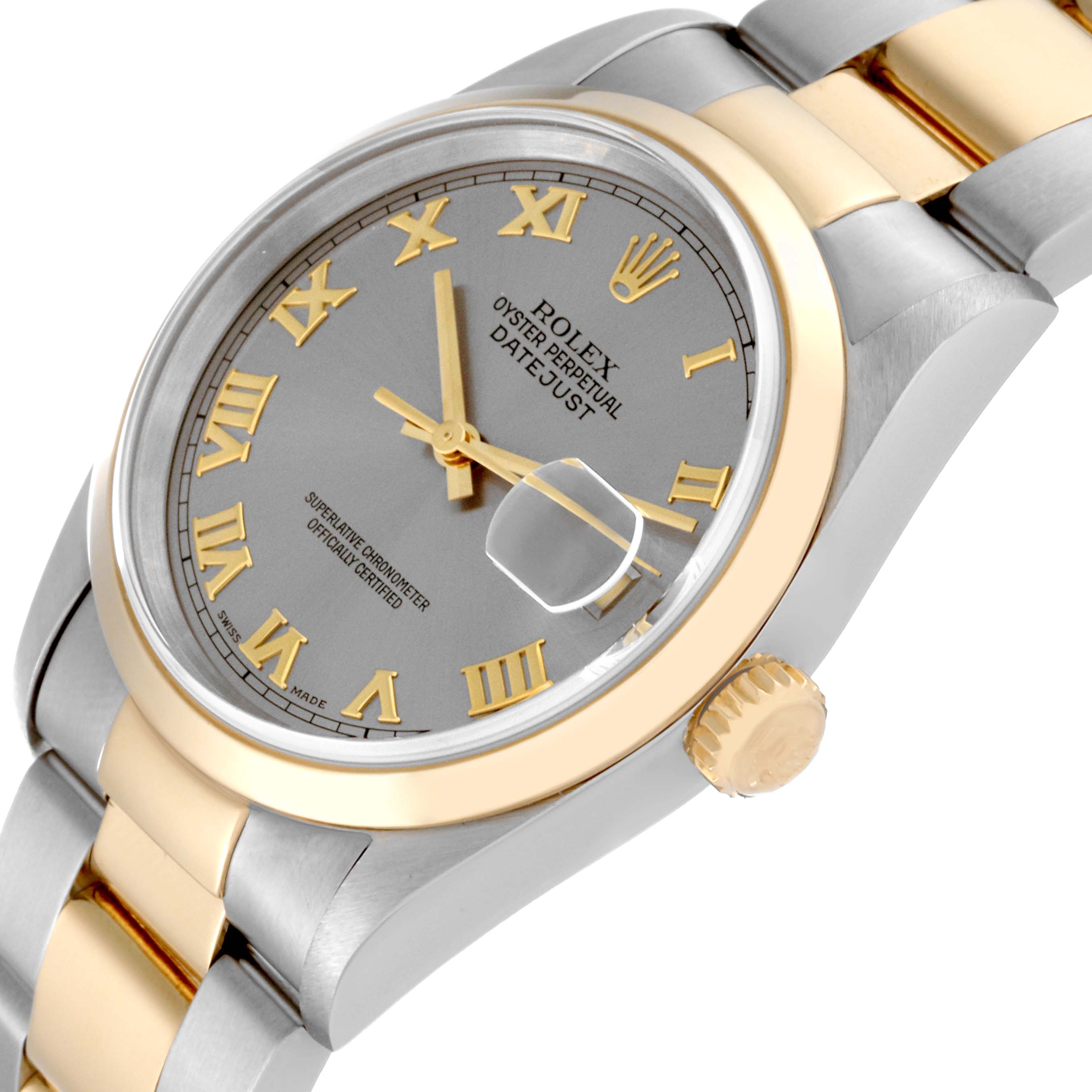The image shows a close-up of the Rolex Datejust 16203 Men's Steel and Gold (two tone) Grey Dial 16203 Men's Steel and Gold (two tone) Grey Dial watch from an angled side view, highlighting the face, bezel, crown, and part of the bracelet.