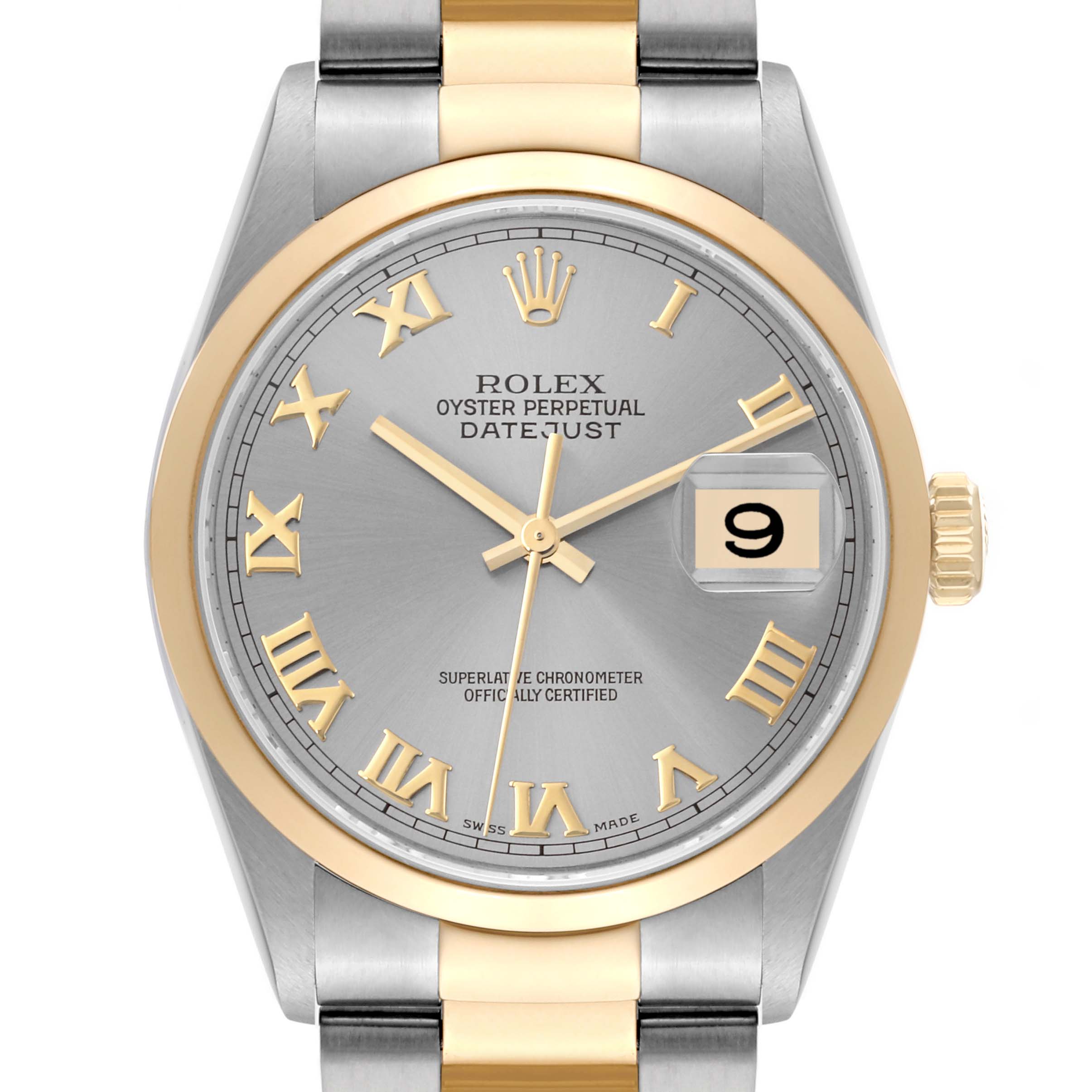 This image shows a front view of the Rolex Datejust 16203 Men's Steel and Gold (two tone) Grey Dial 16203 Men's Steel and Gold (two tone) Grey Dial watch, highlighting its two-tone bracelet, round dial, and gold Roman numeral markers.