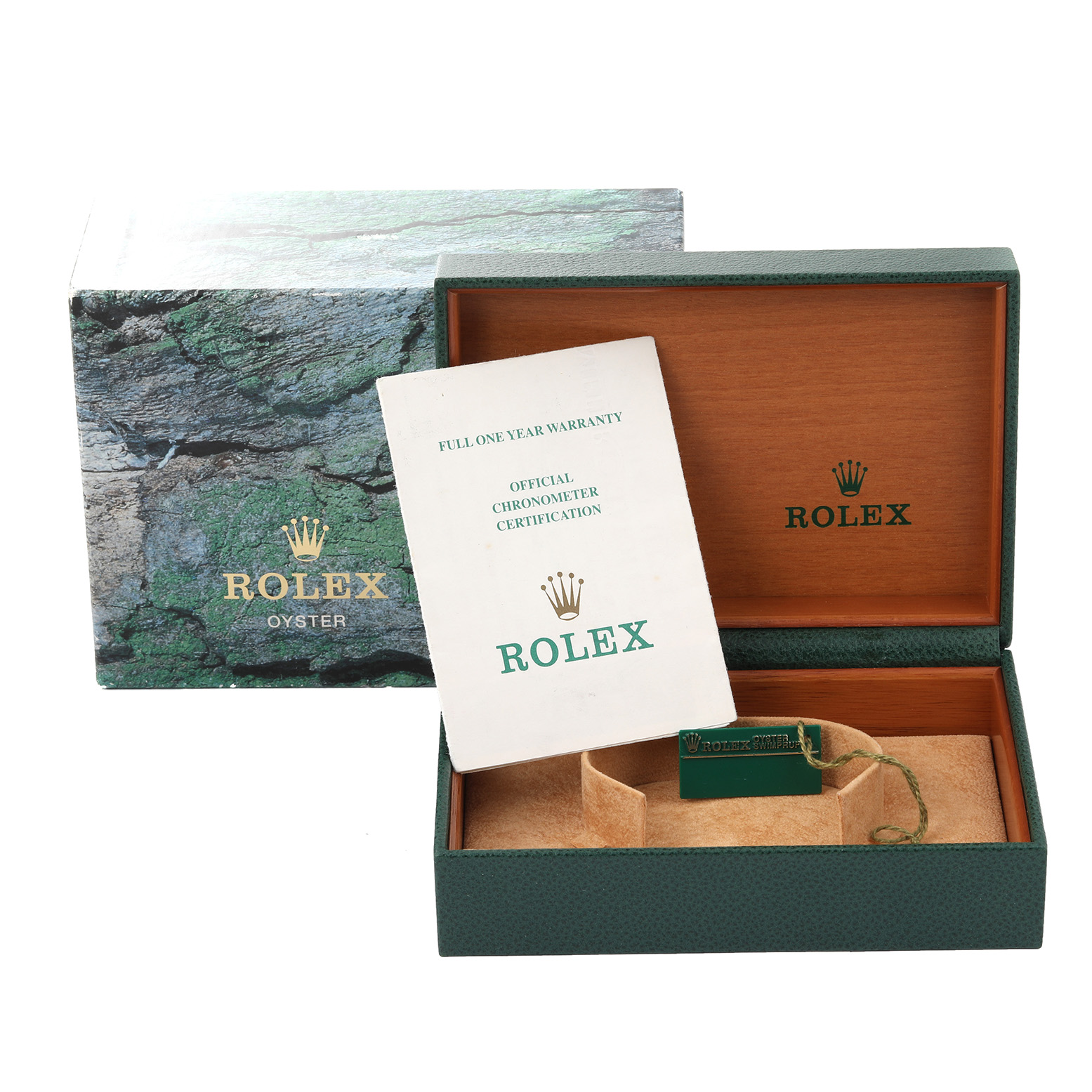 This image shows an open box for the Rolex Datejust 16203 Men's Steel and Gold (two tone) Grey Dial 16203 Men's Steel and Gold (two tone) Grey Dial watch, along with its outer packaging and warranty card.