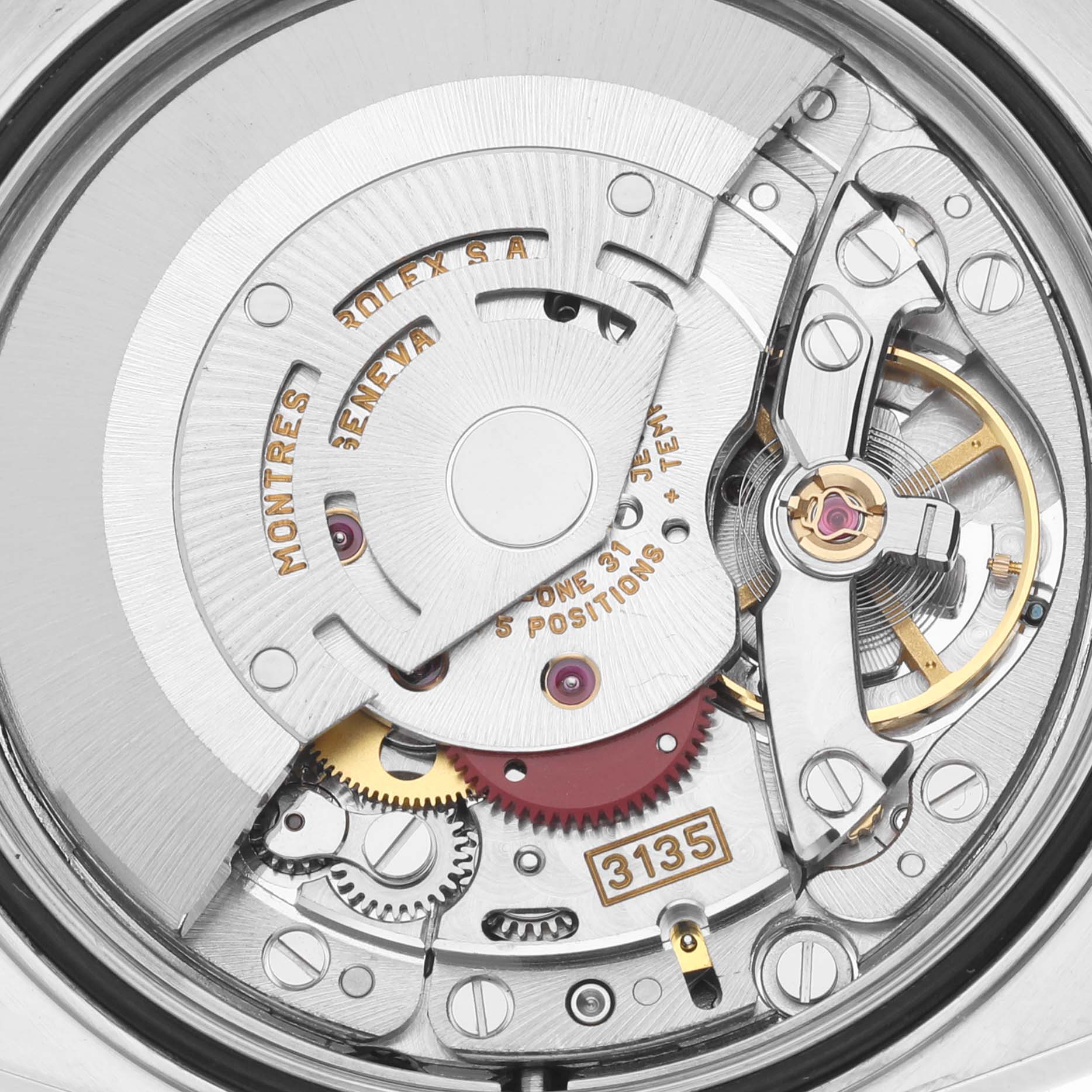 This image shows a high-close-up angle of the movement mechanism of a Rolex Datejust 16203 Men's Steel and Gold (two tone) Grey Dial 16203 Men's Steel and Gold (two tone) Grey Dial watch.