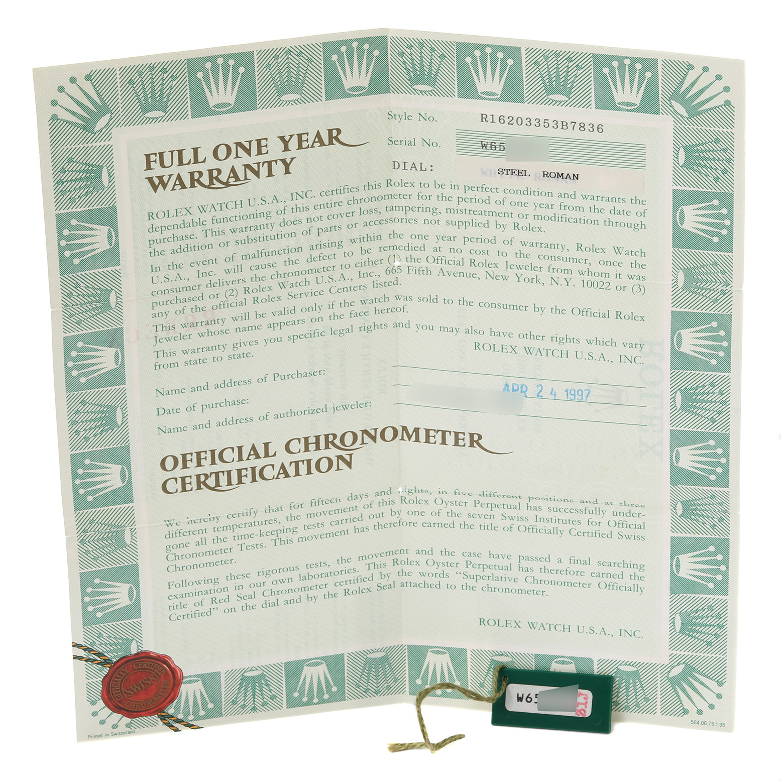 This image shows the warranty and certification papers for the Rolex Datejust 16203 Men's Steel and Gold (two tone) Grey Dial 16203 Men's Steel and Gold (two tone) Grey Dial model, including the serial number tag.
