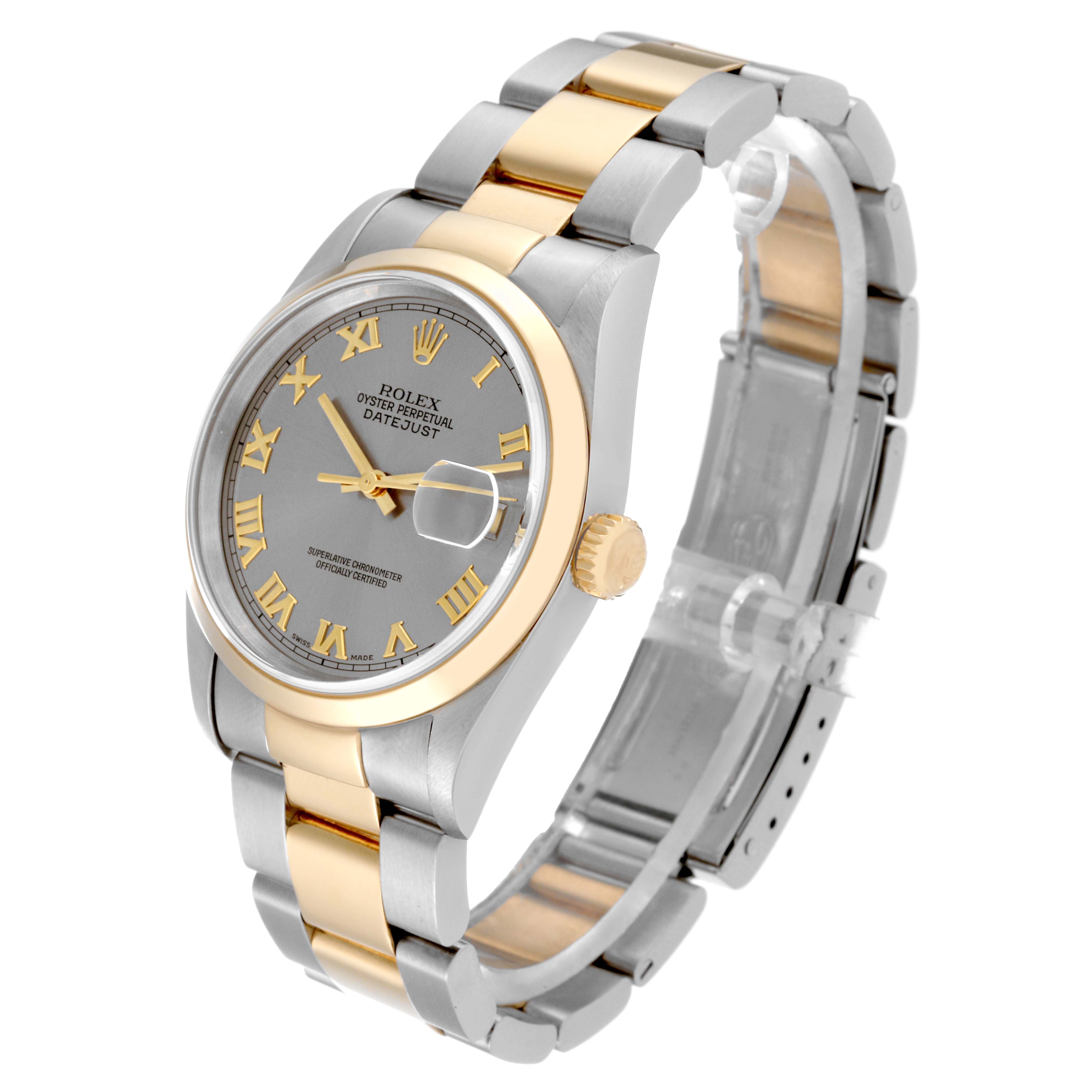 The image shows a Rolex Datejust 16203 Men's Steel and Gold (two tone) Grey Dial 16203 Men's Steel and Gold (two tone) Grey Dial watch at a three-quarter angle, highlighting its dial, bezel, bracelet, and crown.