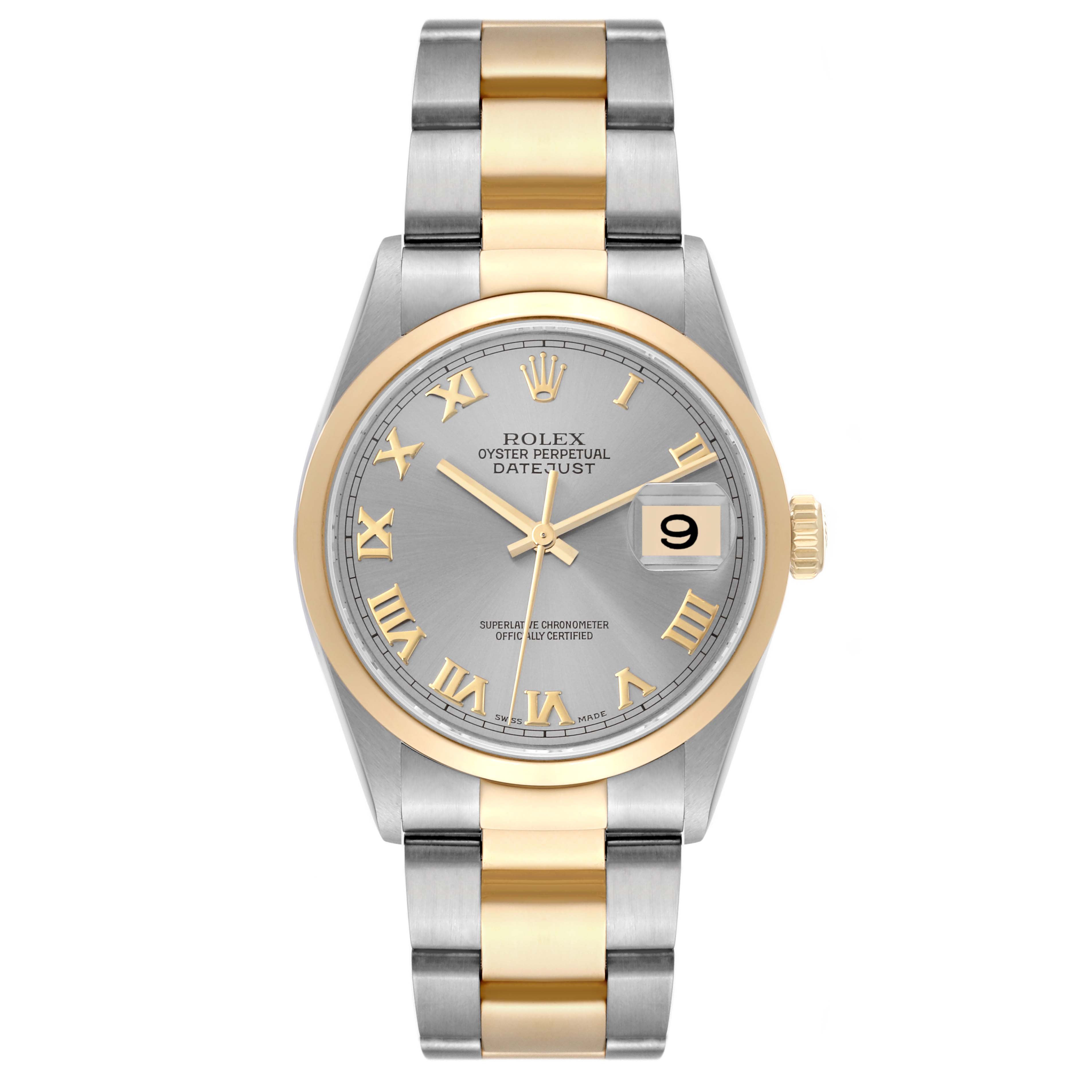The Rolex Datejust 16203 Men's Steel and Gold (two tone) Grey Dial 16203 Men's Steel and Gold (two tone) Grey Dial watch is shown from a top-down angle, displaying its face, bezel, and bracelet.