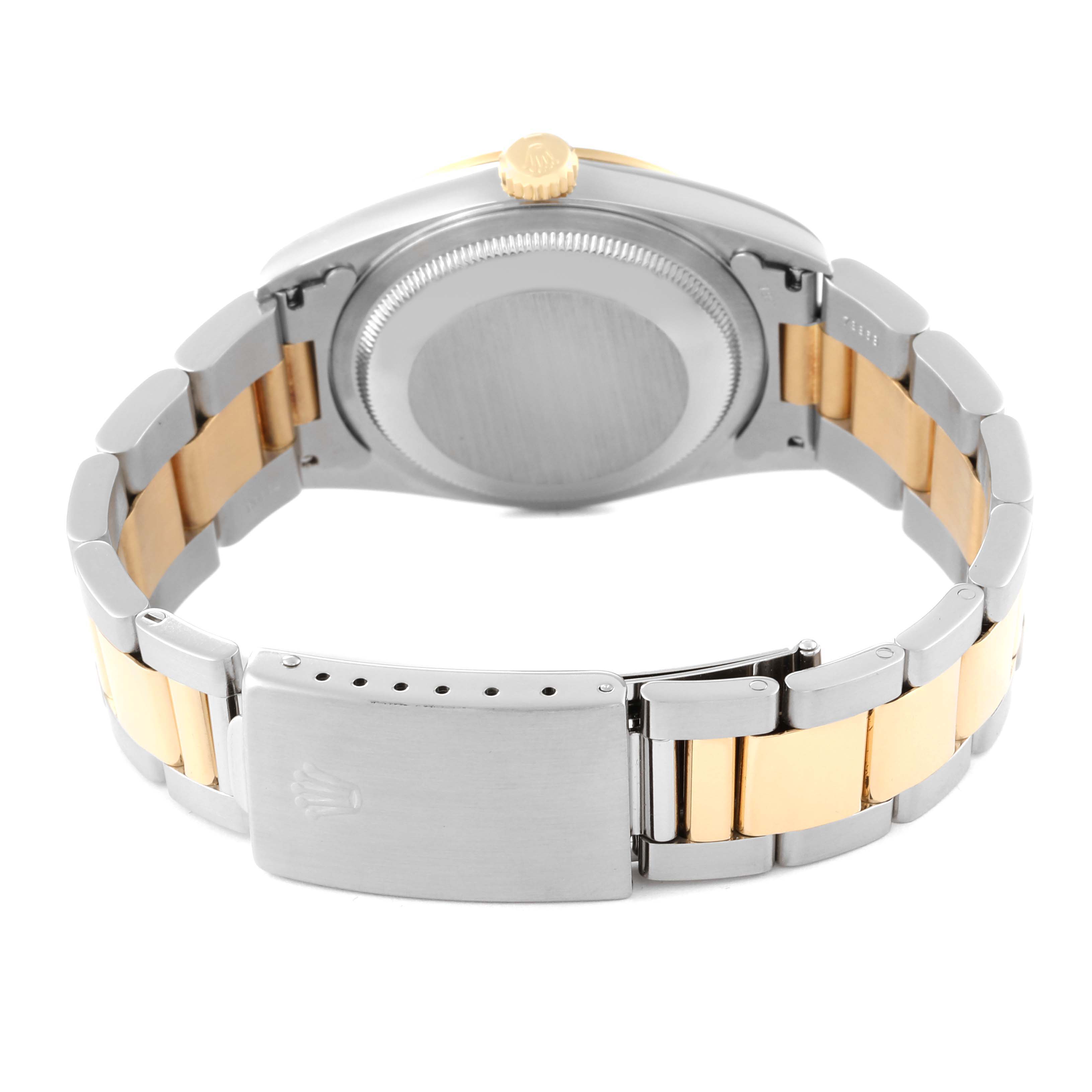 This image shows the case back, crown, and bracelet clasp of a Rolex Datejust 16203 Men's Steel and Gold (two tone) Grey Dial 16203 Men's Steel and Gold (two tone) Grey Dial watch from the rear angle.