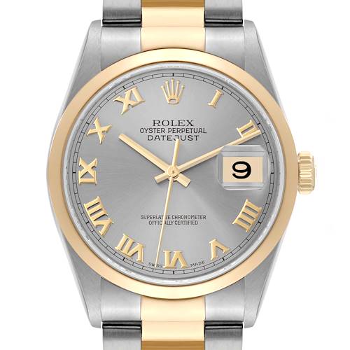 This image shows a front view of a Rolex Datejust watch, featuring a silver dial, gold Roman numerals, and a two-tone metal band.