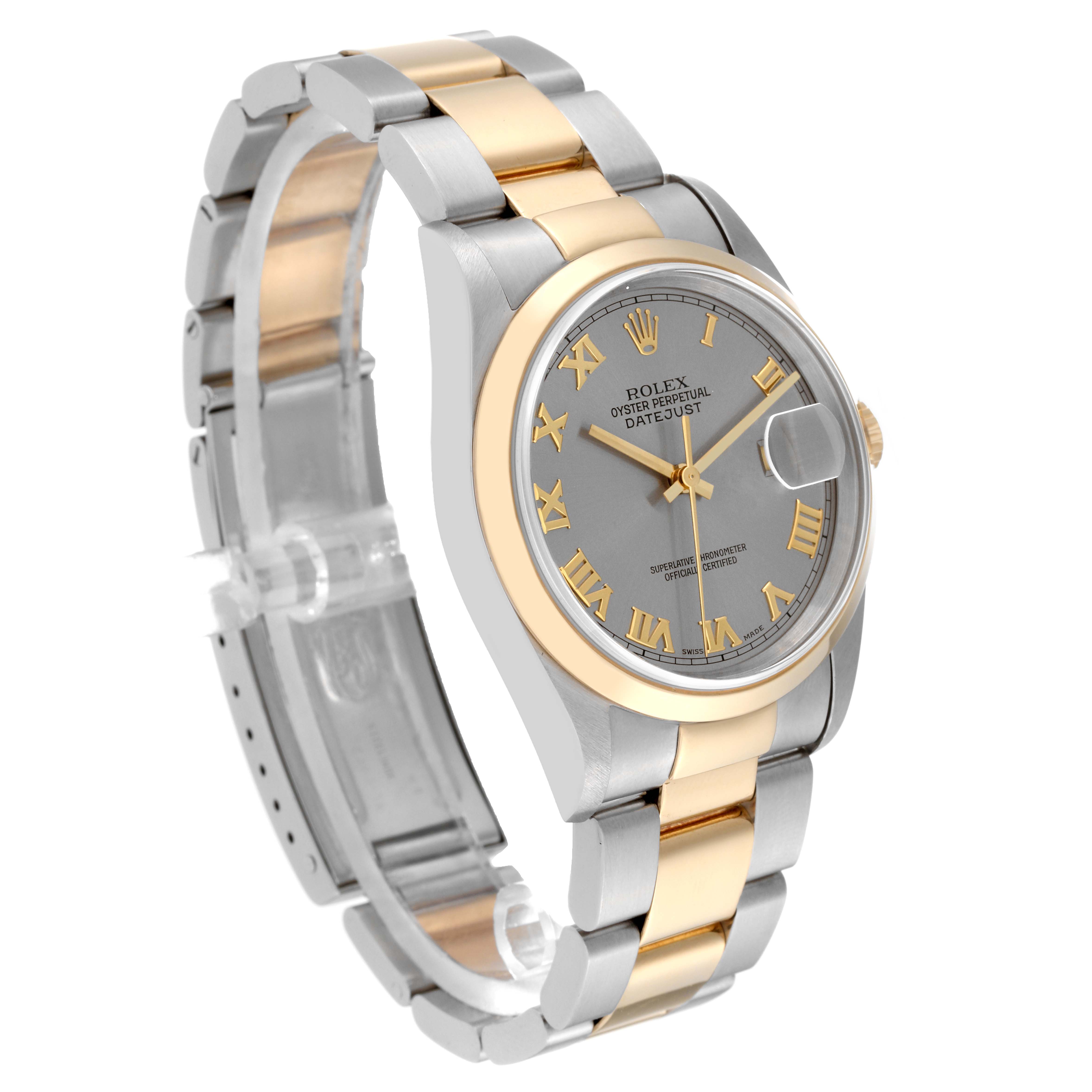 This Rolex Datejust 16203 Men's Steel and Gold (two tone) Grey Dial 16203 Men's Steel and Gold (two tone) Grey Dial watch is shown from a three-quarter angle, highlighting its face, bezel, and bracelet.