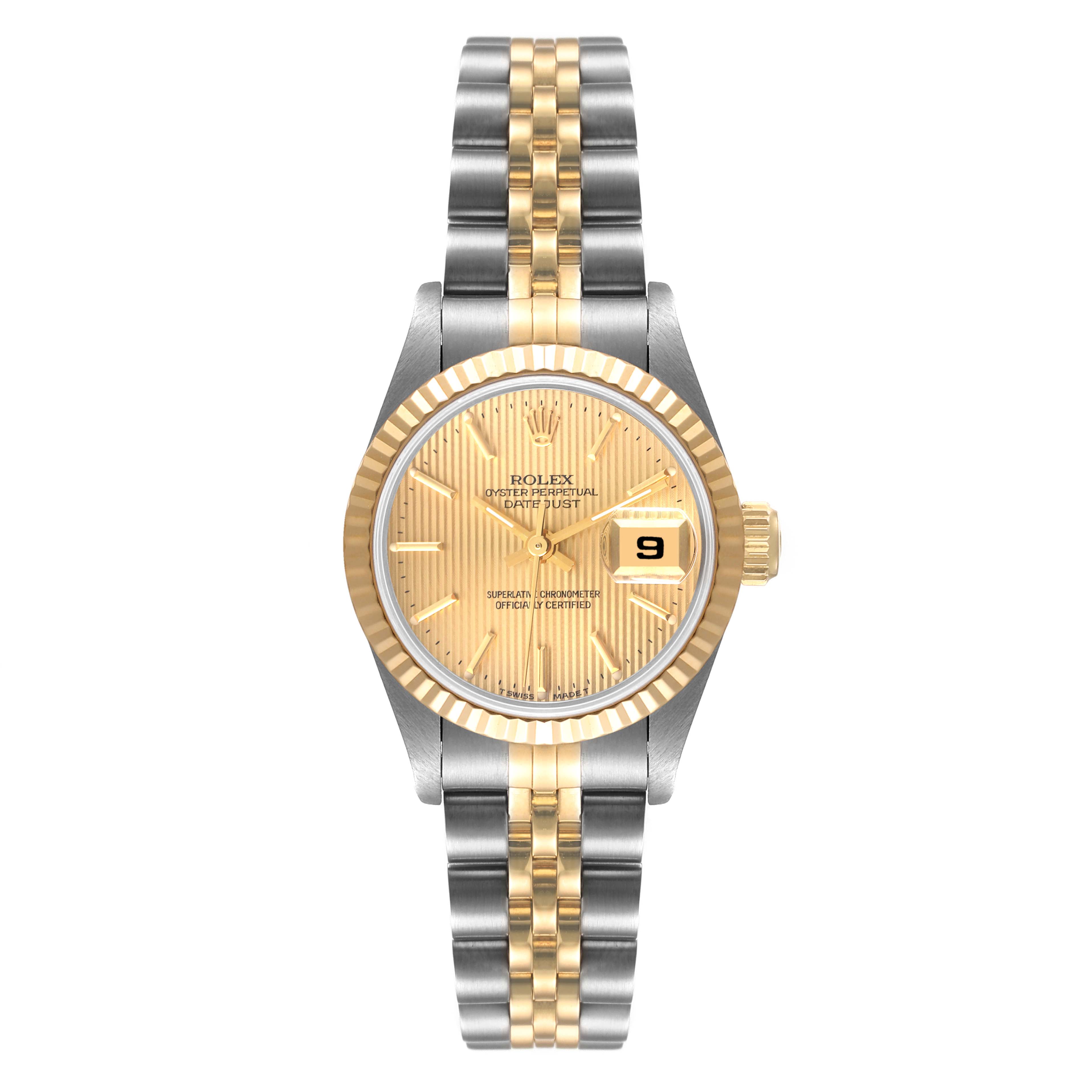 The image shows a Rolex Datejust 69173 Women's Steel and Gold (two tone) Champagne Dial 69173 Women's Steel and Gold (two tone) Champagne Dial watch from a front angle, highlighting the dial, bezel, and two-tone bracelet.