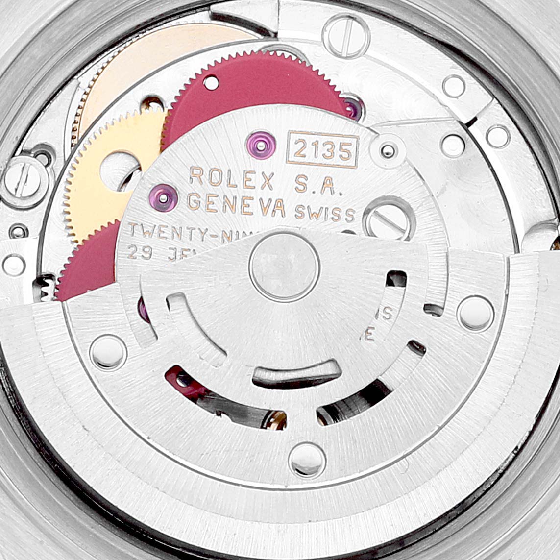 This image shows the movement mechanism of a Rolex Datejust 69173 Women's Steel and Gold (two tone) Champagne Dial 69173 Women's Steel and Gold (two tone) Champagne Dial watch, focusing on gears and inscriptions.