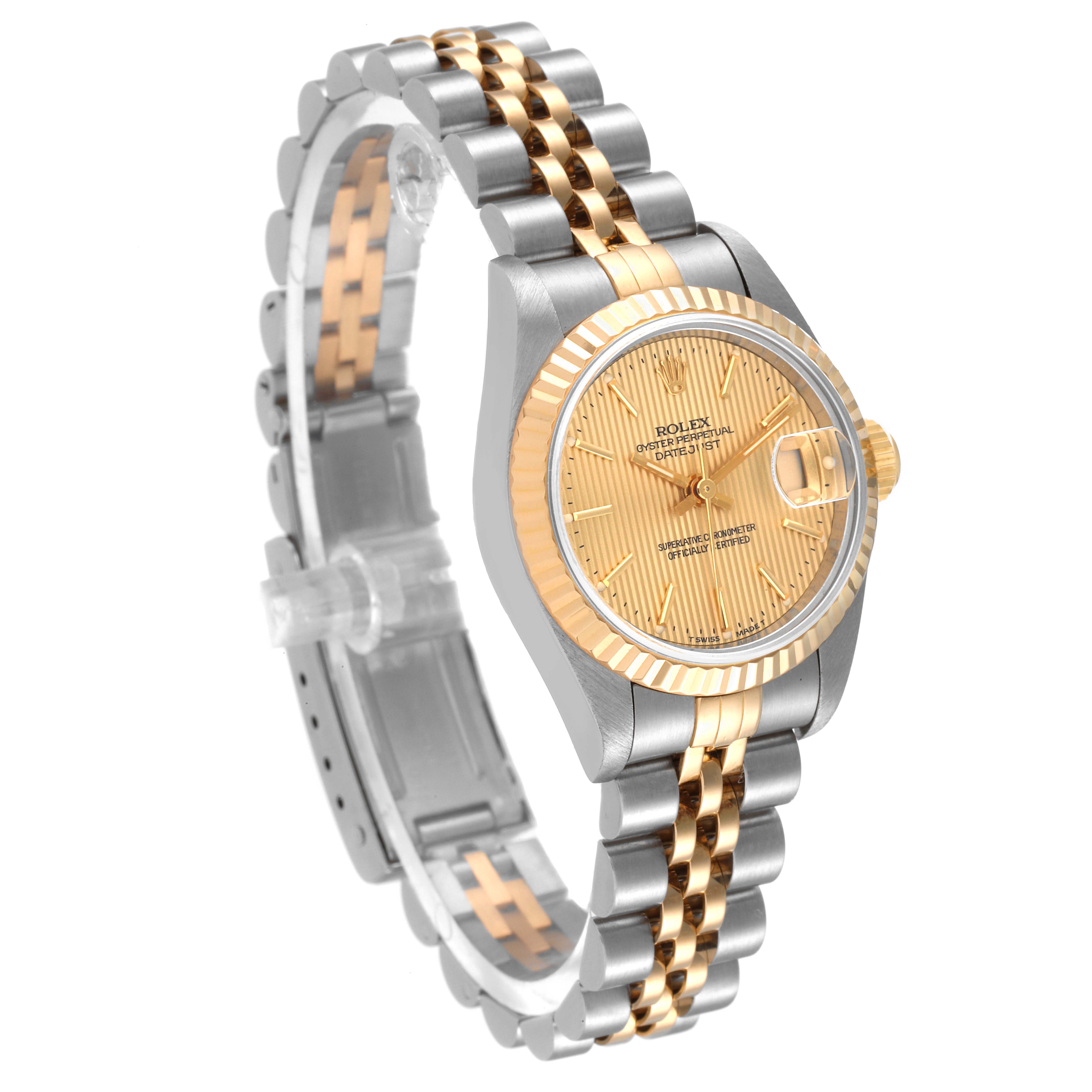 The image shows a Rolex Datejust 69173 Women's Steel and Gold (two tone) Champagne Dial 69173 Women's Steel and Gold (two tone) Champagne Dial watch at a three-quarter angle, highlighting its gold and silver bracelet and champagne dial.