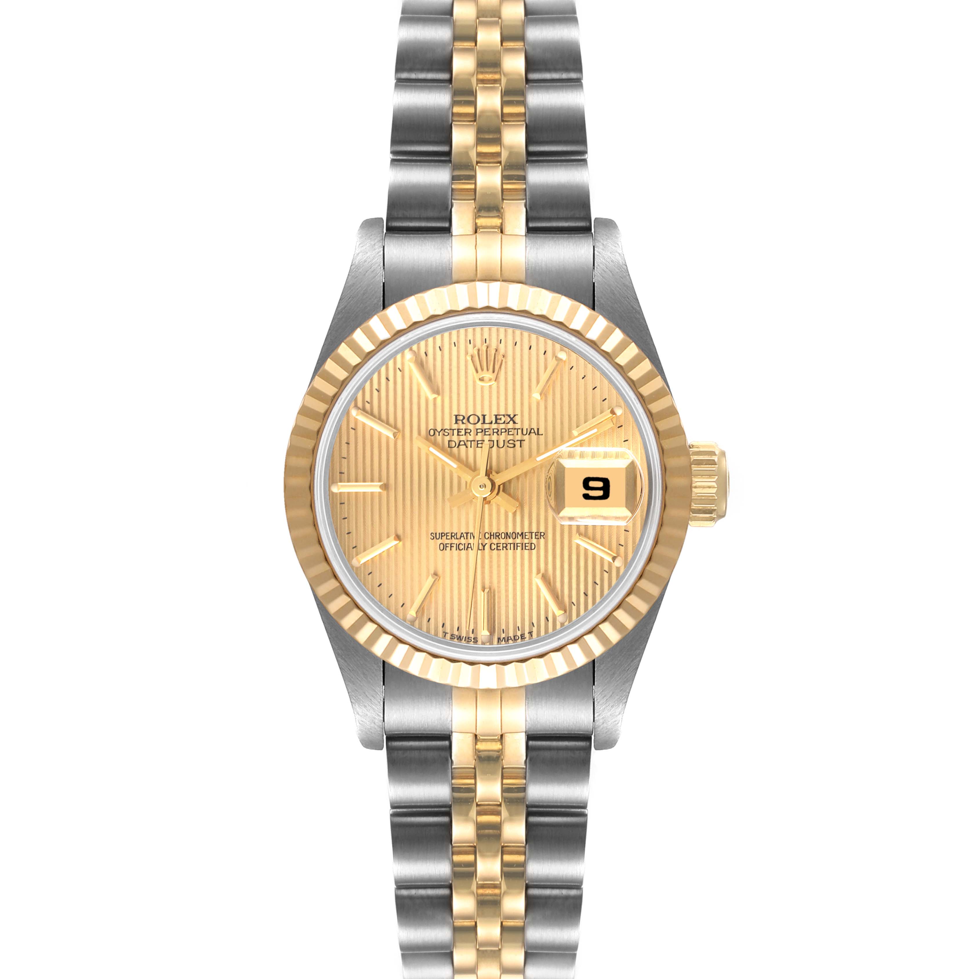 This image shows a front view of a Rolex Datejust 69173 Women's Steel and Gold (two tone) Champagne Dial 69173 Women's Steel and Gold (two tone) Champagne Dial watch, highlighting its dial, bezel, bracelet, and crown.