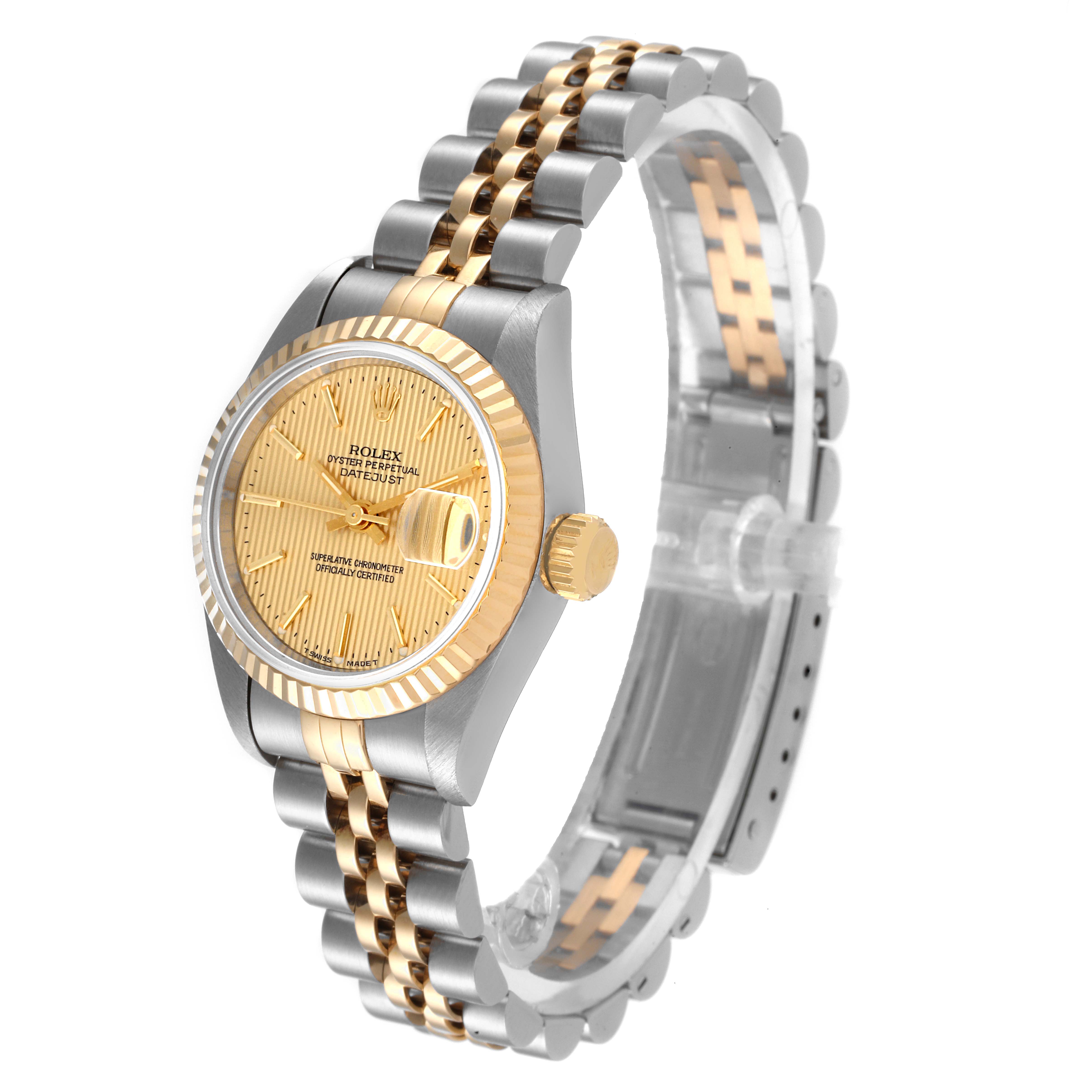 The Rolex Datejust 69173 Women's Steel and Gold (two tone) Champagne Dial 69173 Women's Steel and Gold (two tone) Champagne Dial watch is shown at a slight angle, displaying its dial, bezel, crown, and part of its bracelet.