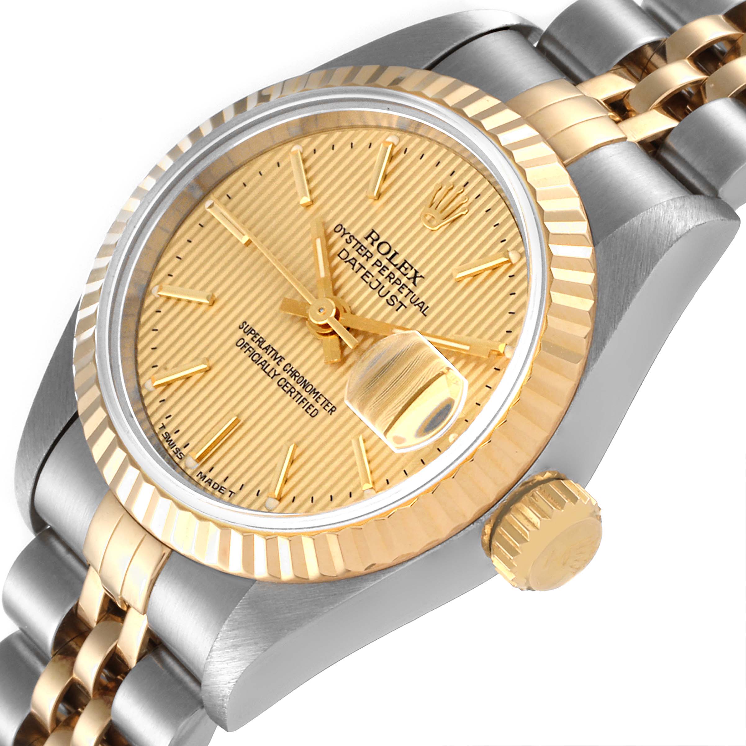 The Rolex Datejust 69173 Women's Steel and Gold (two tone) Champagne Dial 69173 Women's Steel and Gold (two tone) Champagne Dial watch is shown at an angled close-up, highlighting its gold dial, bezel, crown, and two-tone bracelet.