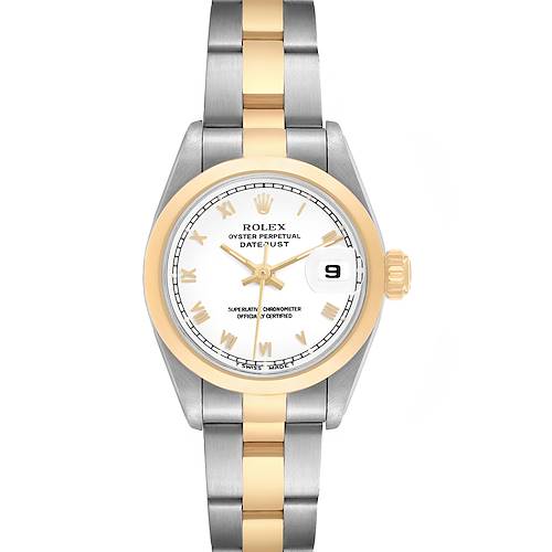 The Rolex Datejust 69163 Women's Stainless Steel White Dial watch is shown from the front, showcasing the dial, bezel, and bracelet.