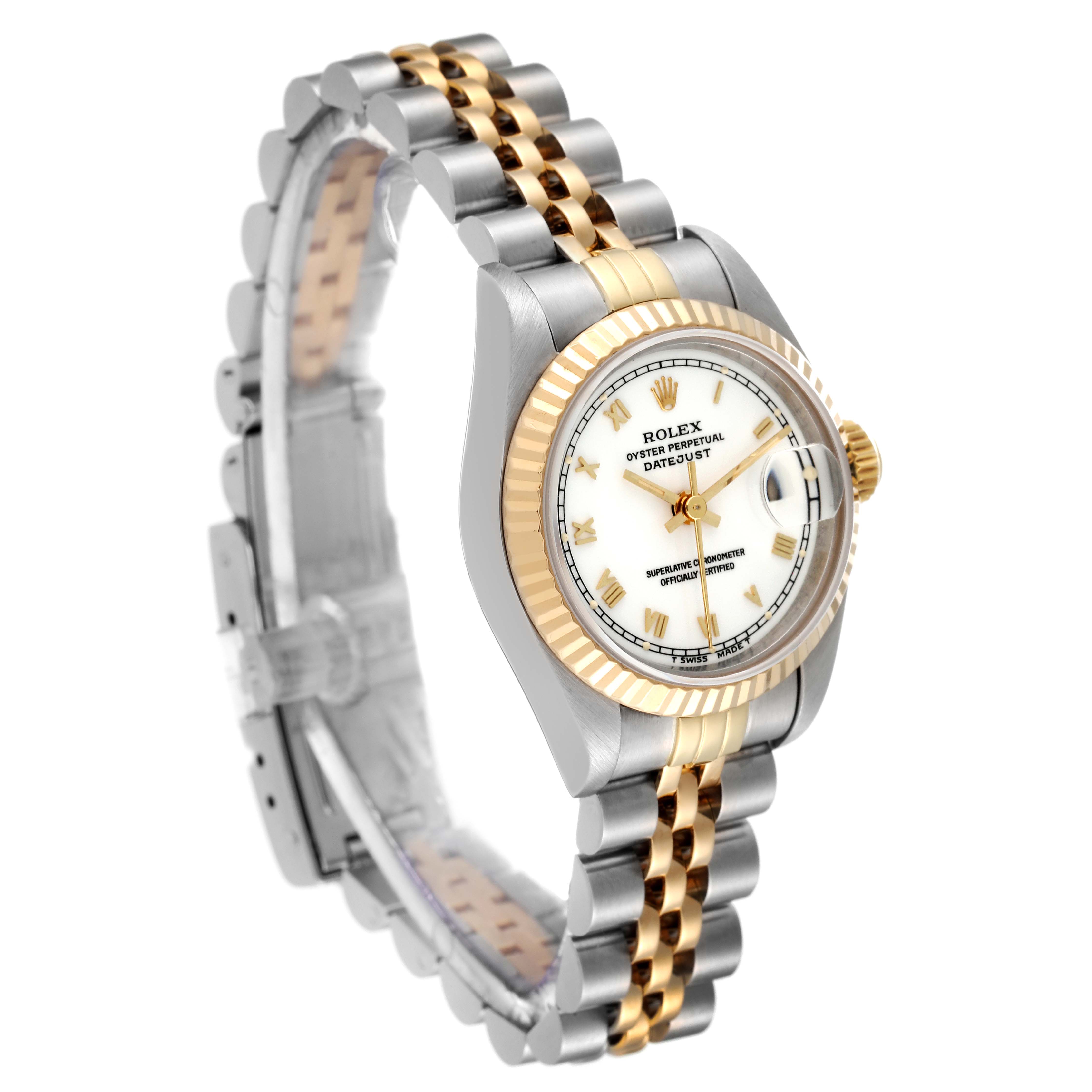 The Rolex Datejust 69173 Women's Steel and Gold (two tone) White Dial 69173 Women's Steel and Gold (two tone) White Dial watch is shown at a slight angle, showcasing the dial, bezel, and two-tone bracelet.