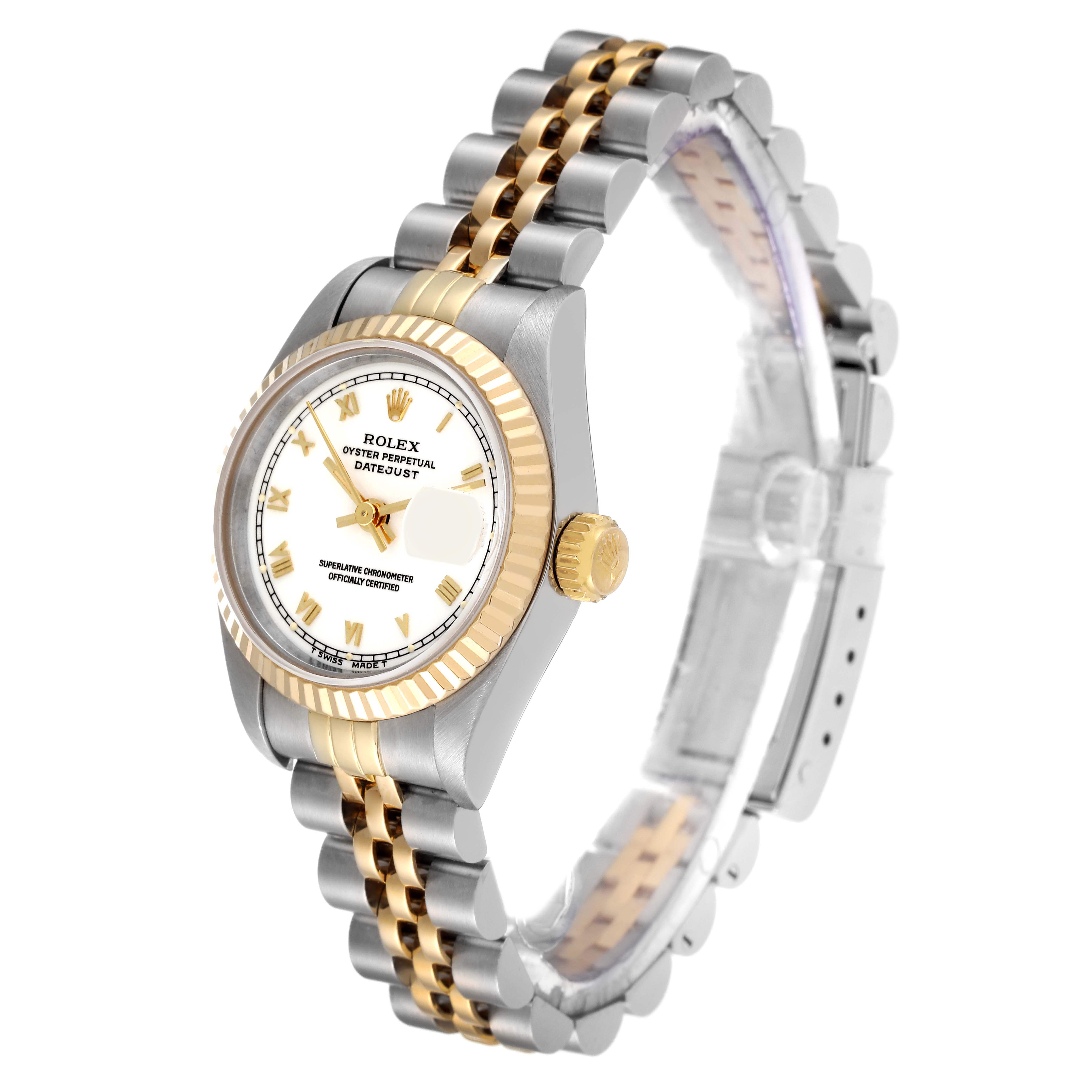 This Rolex Datejust 69173 Women's Steel and Gold (two tone) White Dial 69173 Women's Steel and Gold (two tone) White Dial watch is shown at a three-quarter angle, highlighting the face, bezel, crown, and two-tone bracelet.
