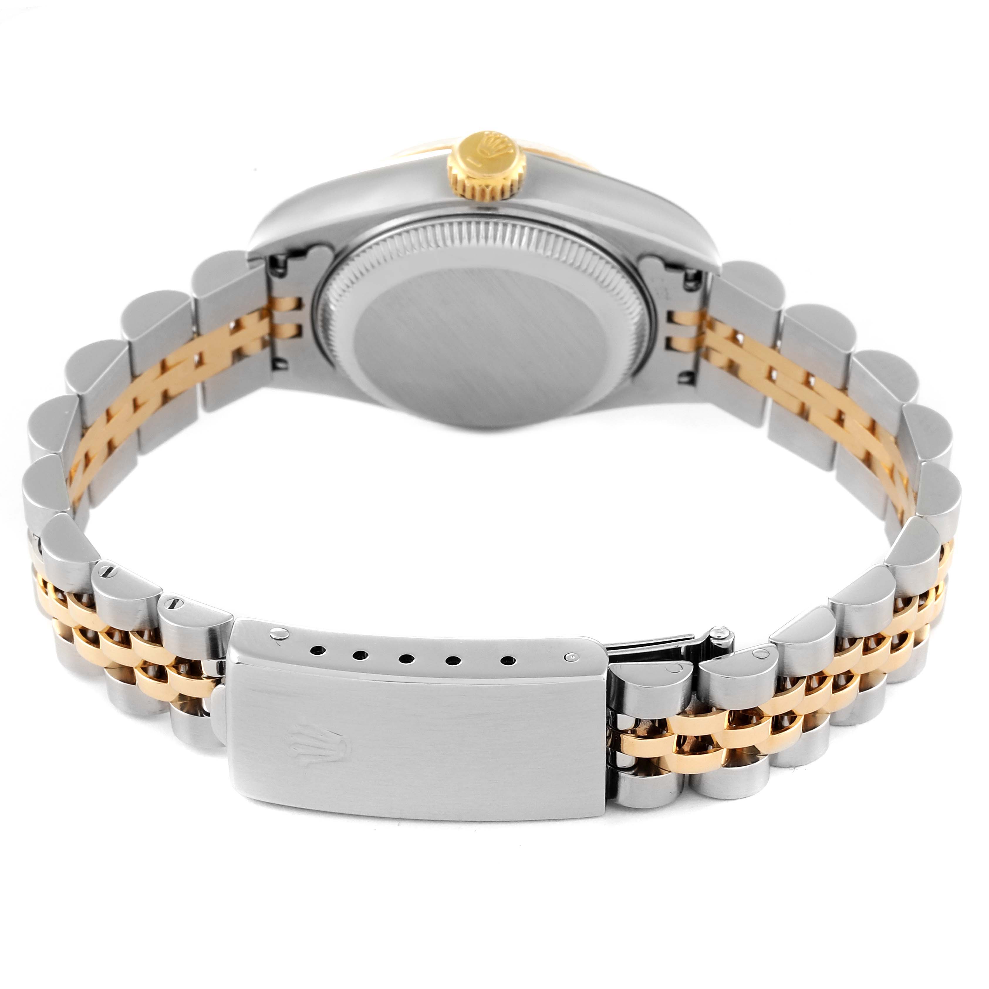 This image shows the back of a Rolex Datejust 69173 Women's Steel and Gold (two tone) White Dial 69173 Women's Steel and Gold (two tone) White Dial watch, with a focus on the closed clasp and the two-tone bracelet.