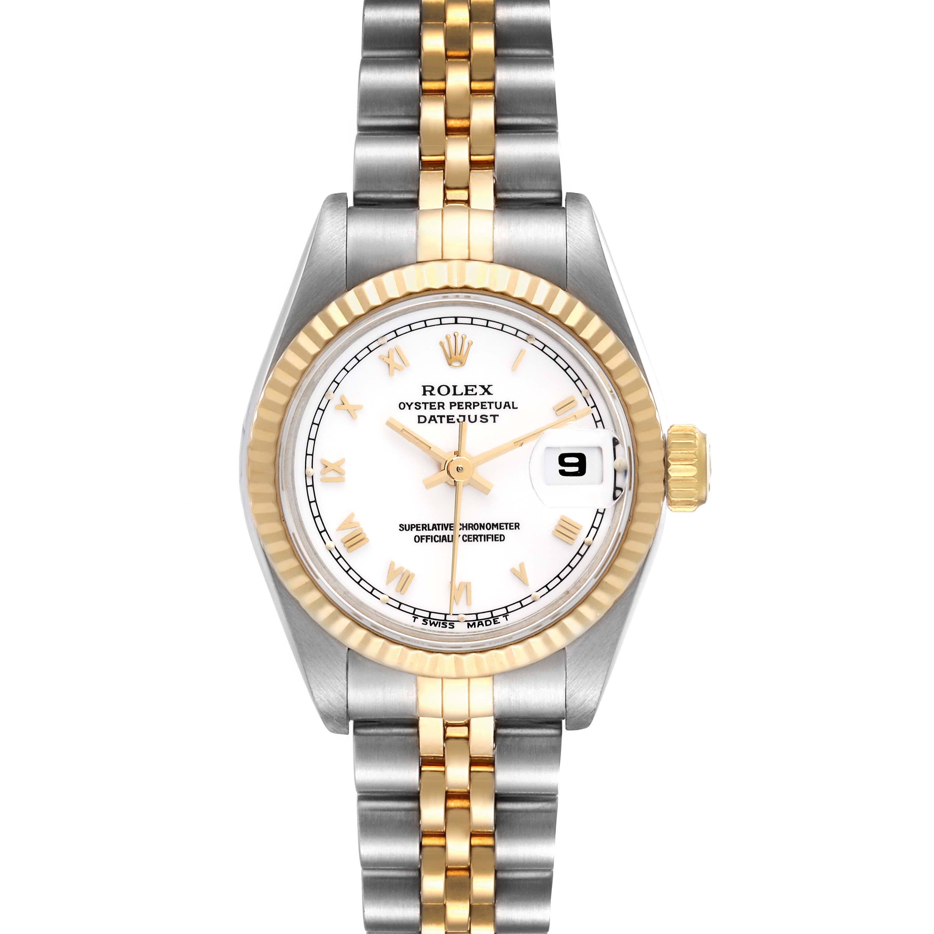 The image shows a frontal view of a Rolex Datejust 69173 Women's Steel and Gold (two tone) White Dial 69173 Women's Steel and Gold (two tone) White Dial watch, displaying its face, bezel, and two-tone bracelet.