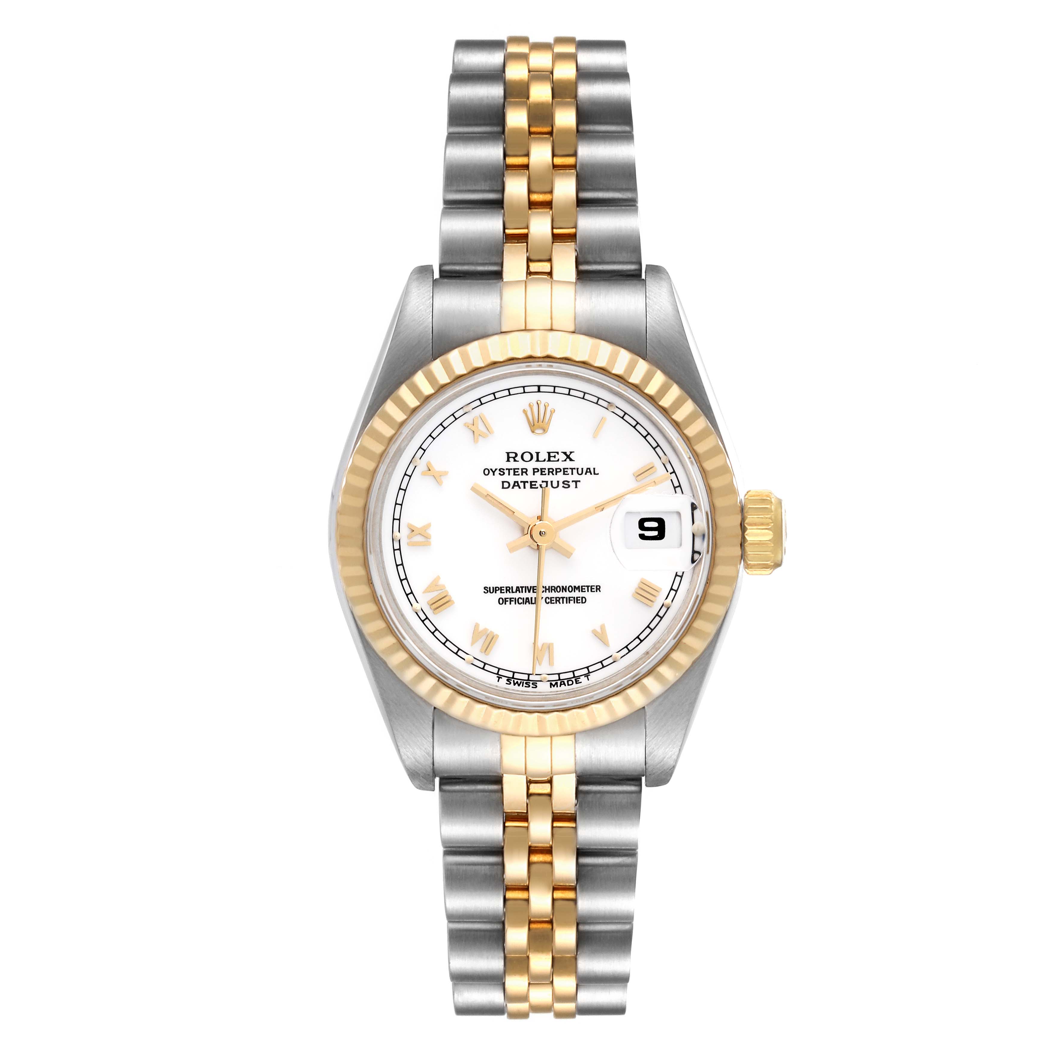 The Rolex Datejust 69173 Women's Steel and Gold (two tone) White Dial 69173 Women's Steel and Gold (two tone) White Dial watch is shown from a top-down angle, displaying the dial, bezel, and two-tone bracelet.