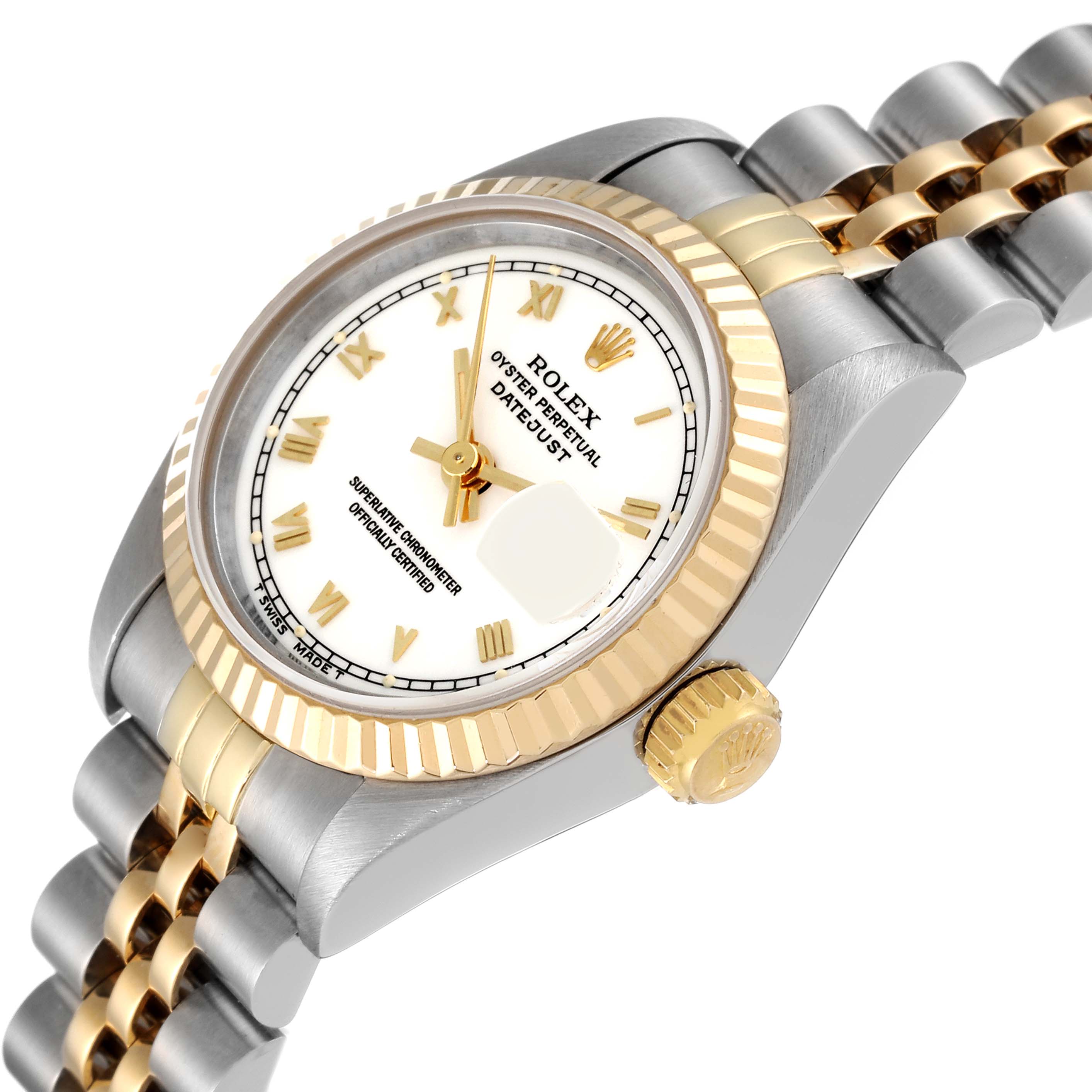 The image shows a close-up angle of the Rolex Datejust 69173 Women's Steel and Gold (two tone) White Dial 69173 Women's Steel and Gold (two tone) White Dial model, focusing on the face, bezel, and part of the bracelet.