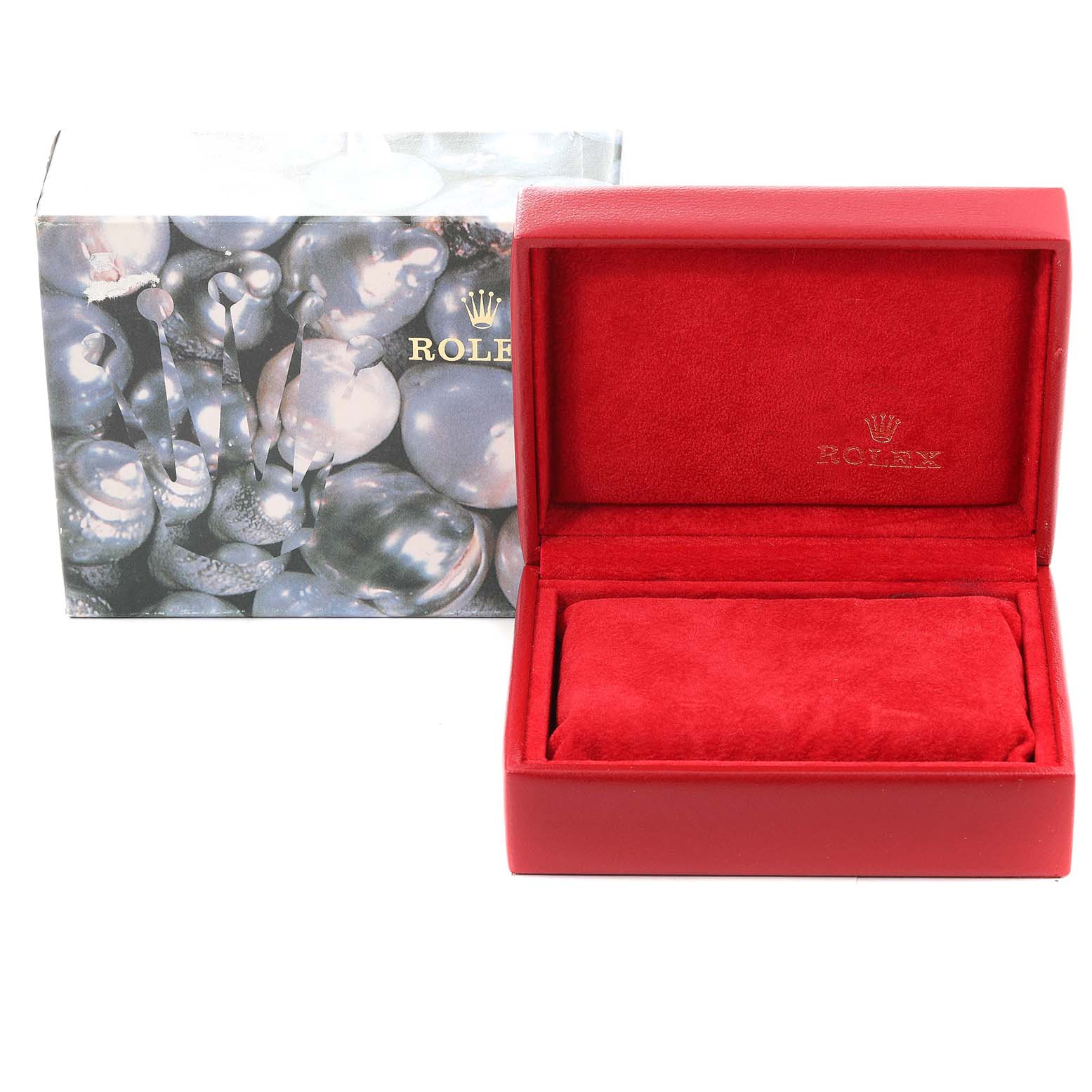 The image shows a closed Rolex Datejust 69173 Women's Steel and Gold (two tone) White Dial 69173 Women's Steel and Gold (two tone) White Dial watch box in a red case with the branded outer box in the background.